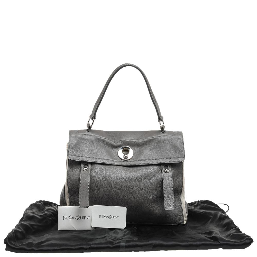Yves Saint Laurent Grey/White Leather And Canvas Muse Two Top Handle Bag 6