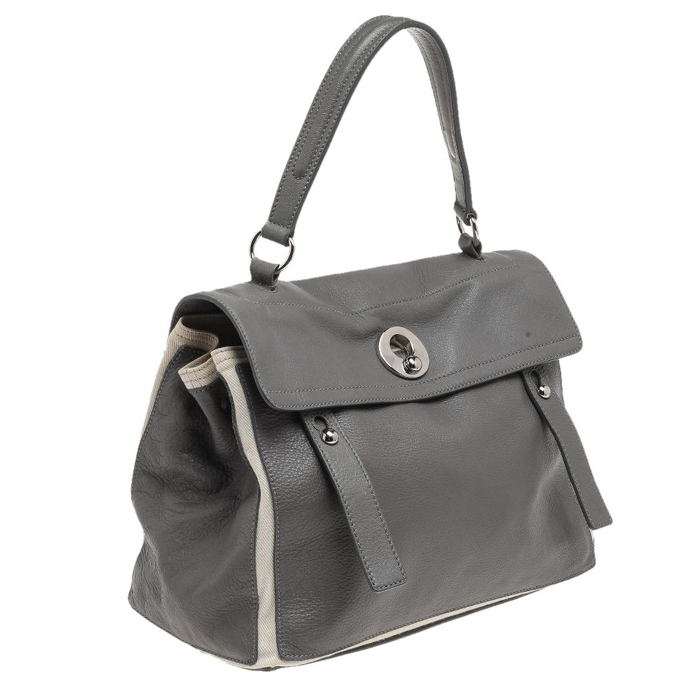 Gray Yves Saint Laurent Grey/White Leather And Canvas Muse Two Top Handle Bag