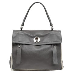 Yves Saint Laurent Grey/White Leather And Canvas Muse Two Top Handle Bag