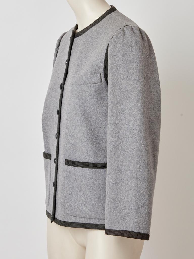 Yves Saint Laurent,Rive Gauche, grey, wool flannel, jacket having patch pockets, and a contrasting darker grey wool braiding trim detail. C. late 70's