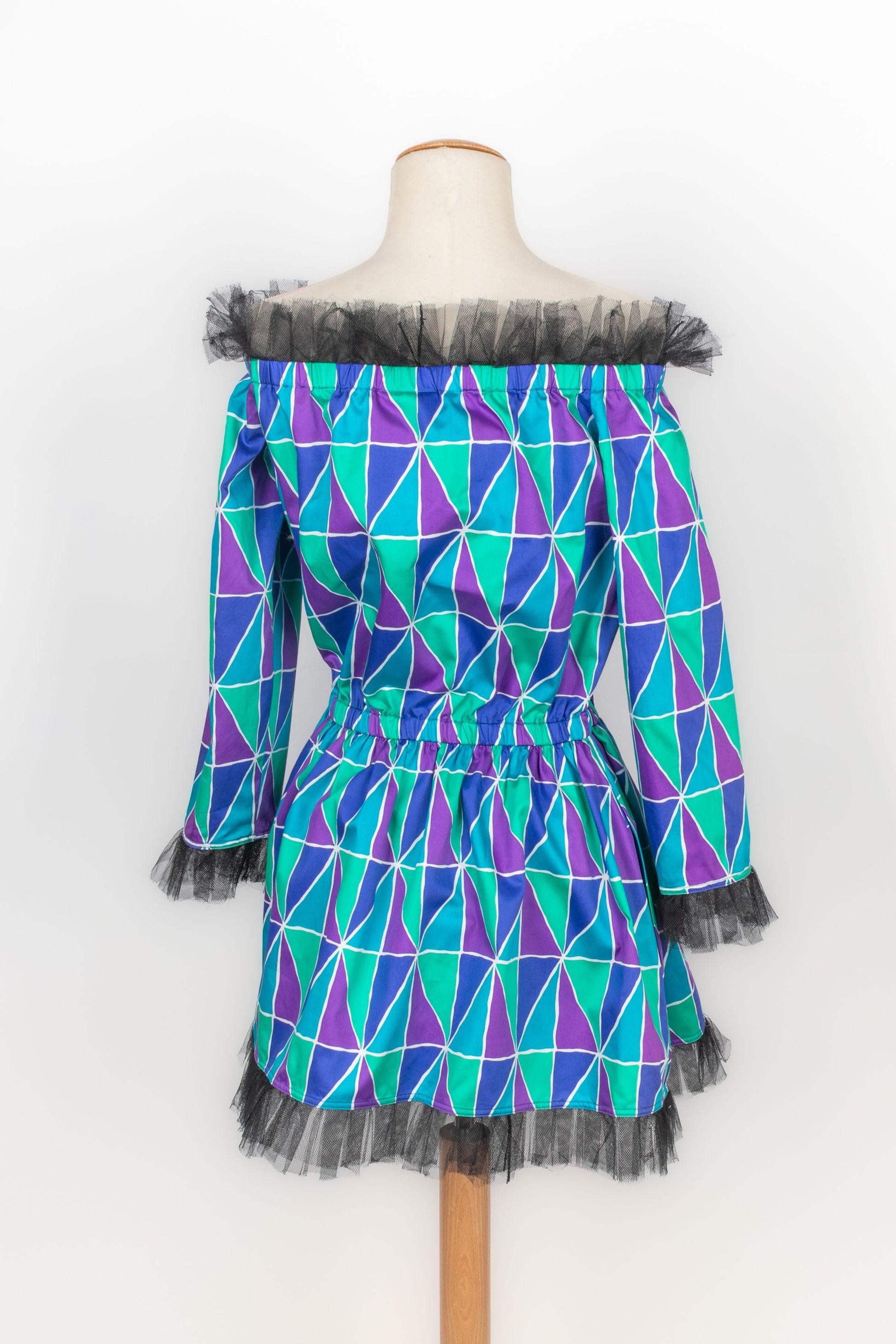 Blue Yves Saint Laurent Harlequin Mini Dress, 1988 For Sale