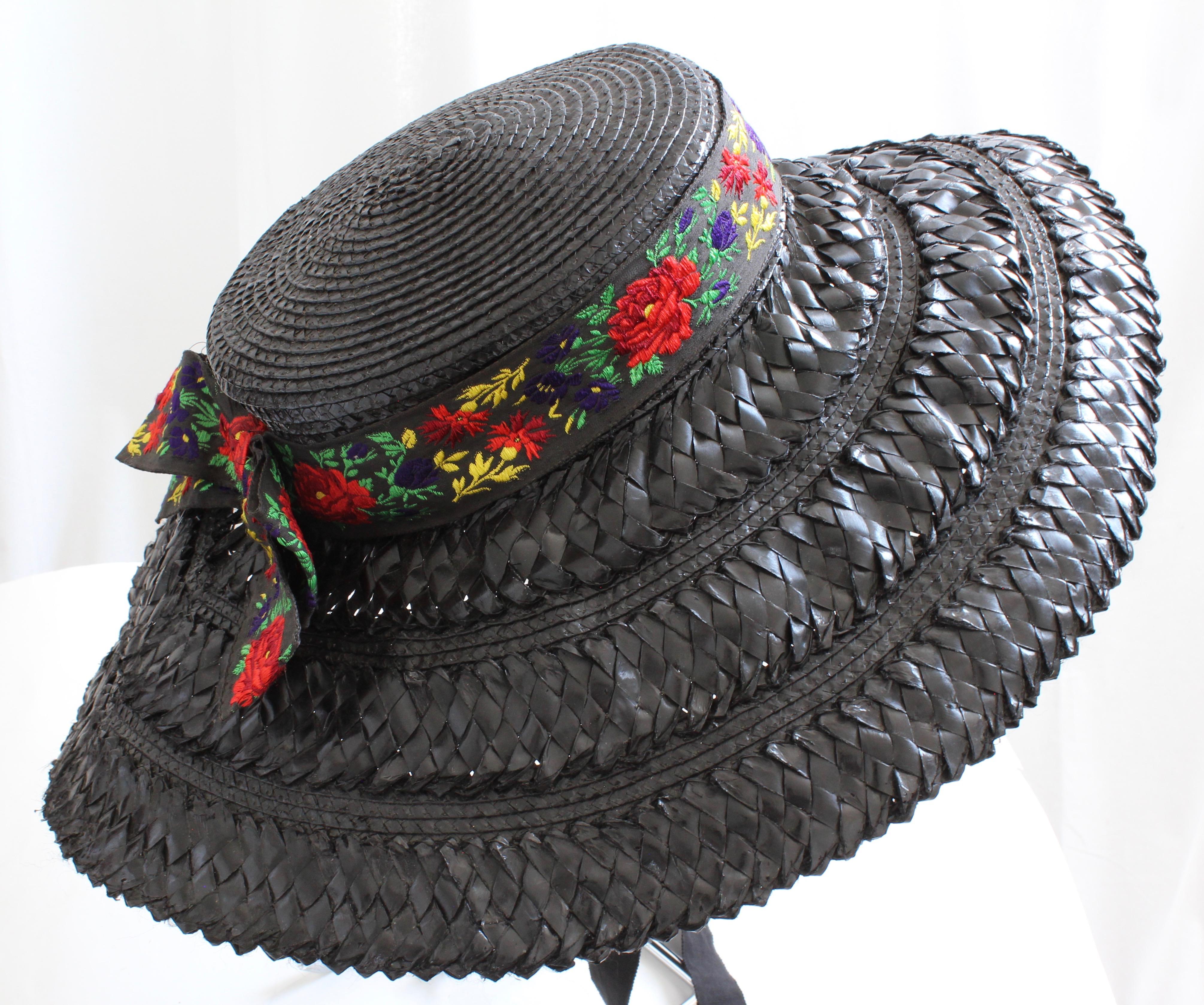 Yves Saint Laurent Hat YSL Rive Gauche Wide Brim Straw Hat Florals Vintage 1970s 1