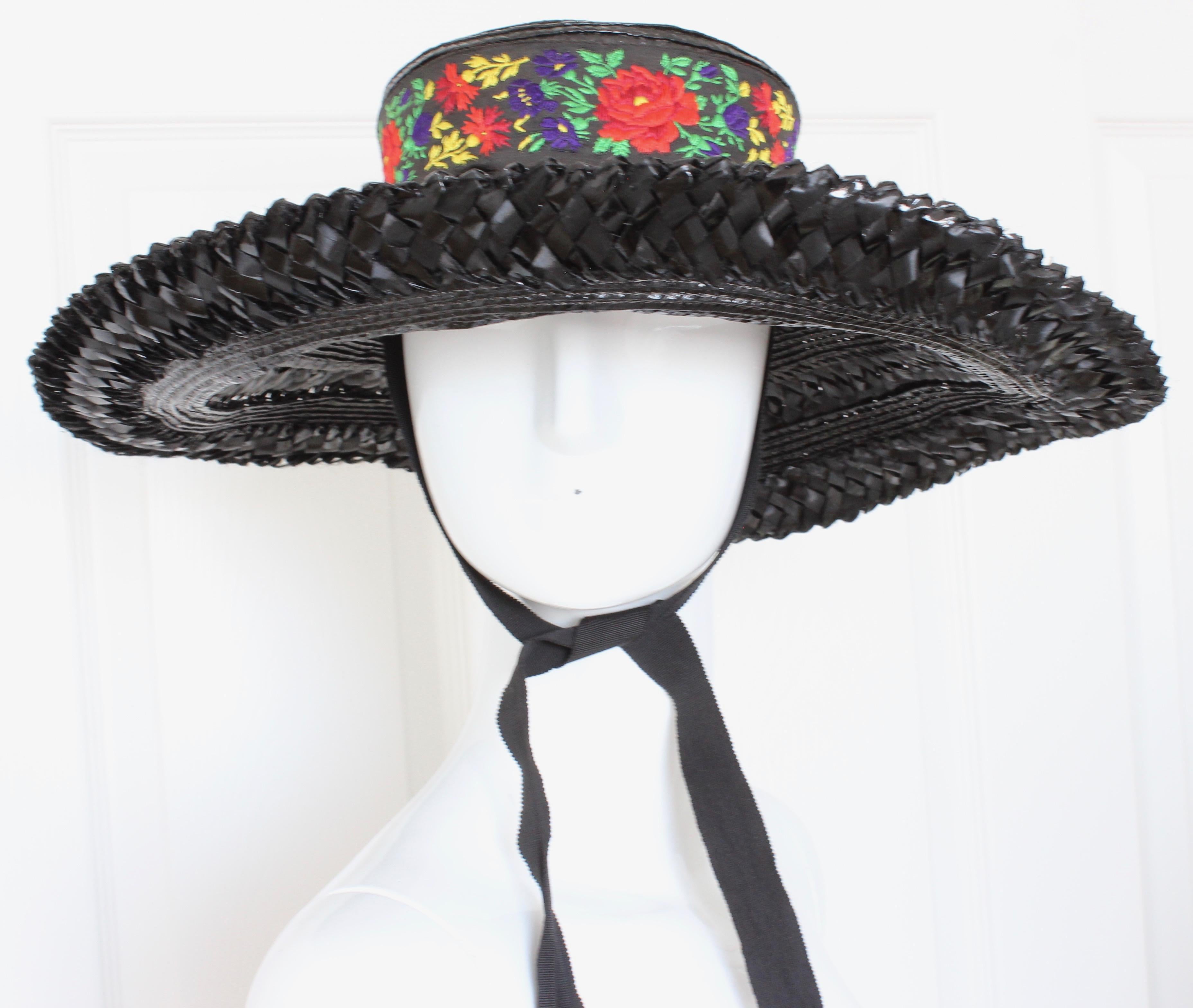 Yves Saint Laurent Hat YSL Rive Gauche Wide Brim Straw Hat Florals Vintage 1970s 2