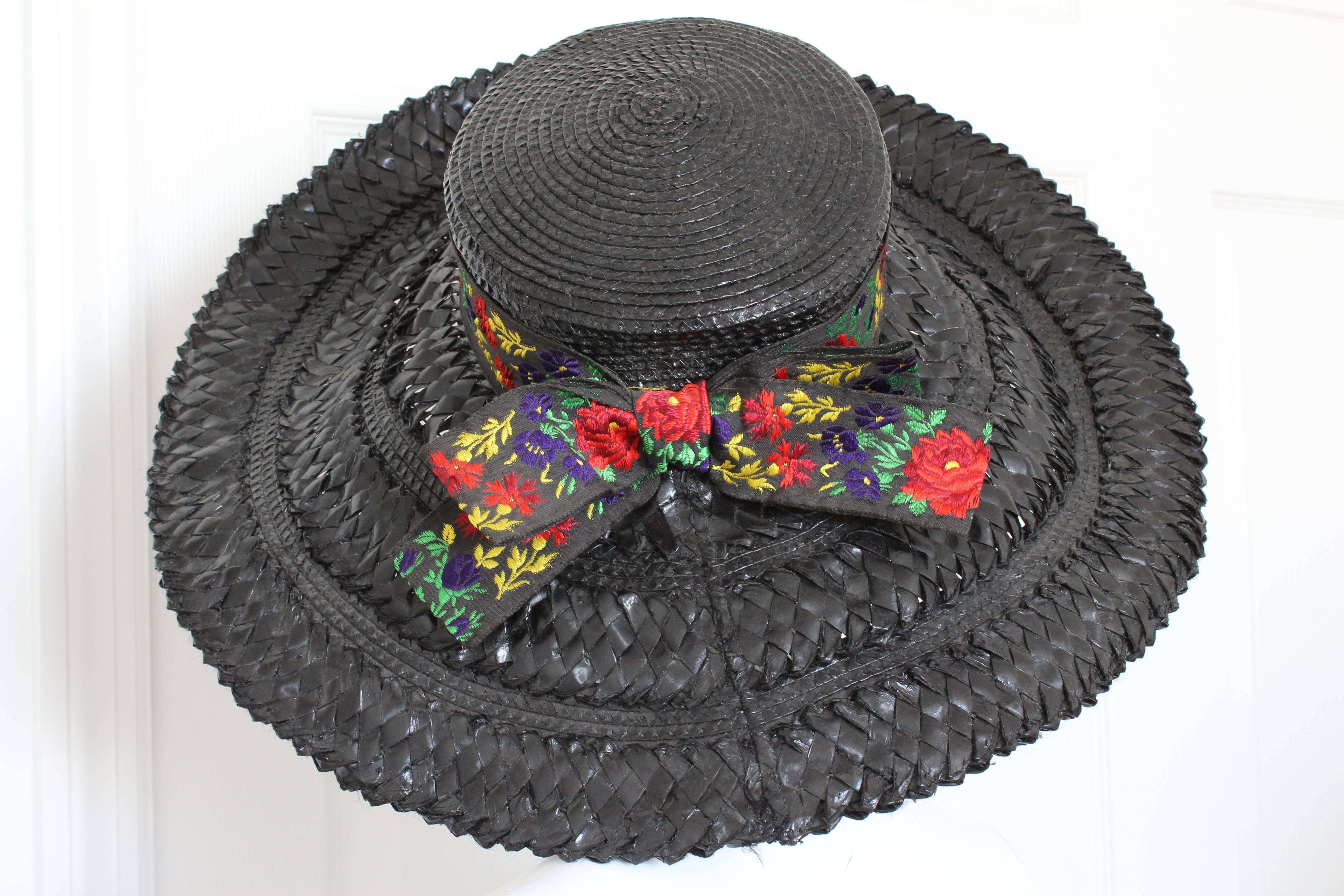 Yves Saint Laurent Hat YSL Rive Gauche Wide Brim Straw Hat Florals Vintage 1970s 4