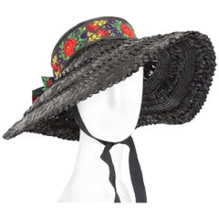 Yves Saint Laurent Hat YSL Rive Gauche Wide Brim Straw Hat Florals Vintage 1970s