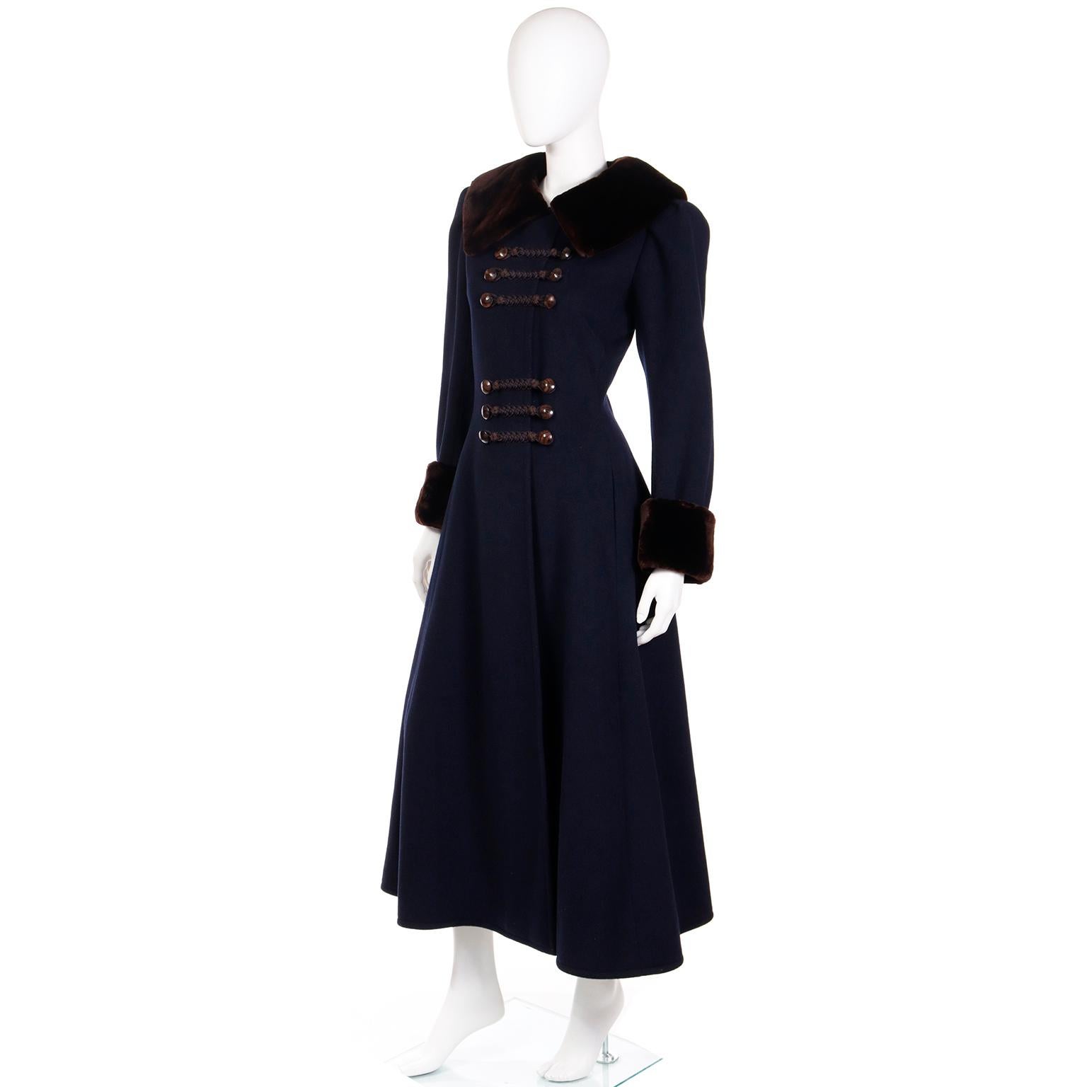 Women's Yves Saint Laurent Haute Couture 1976 Navy Blue Wool Coat w Sheared Mink Trim For Sale