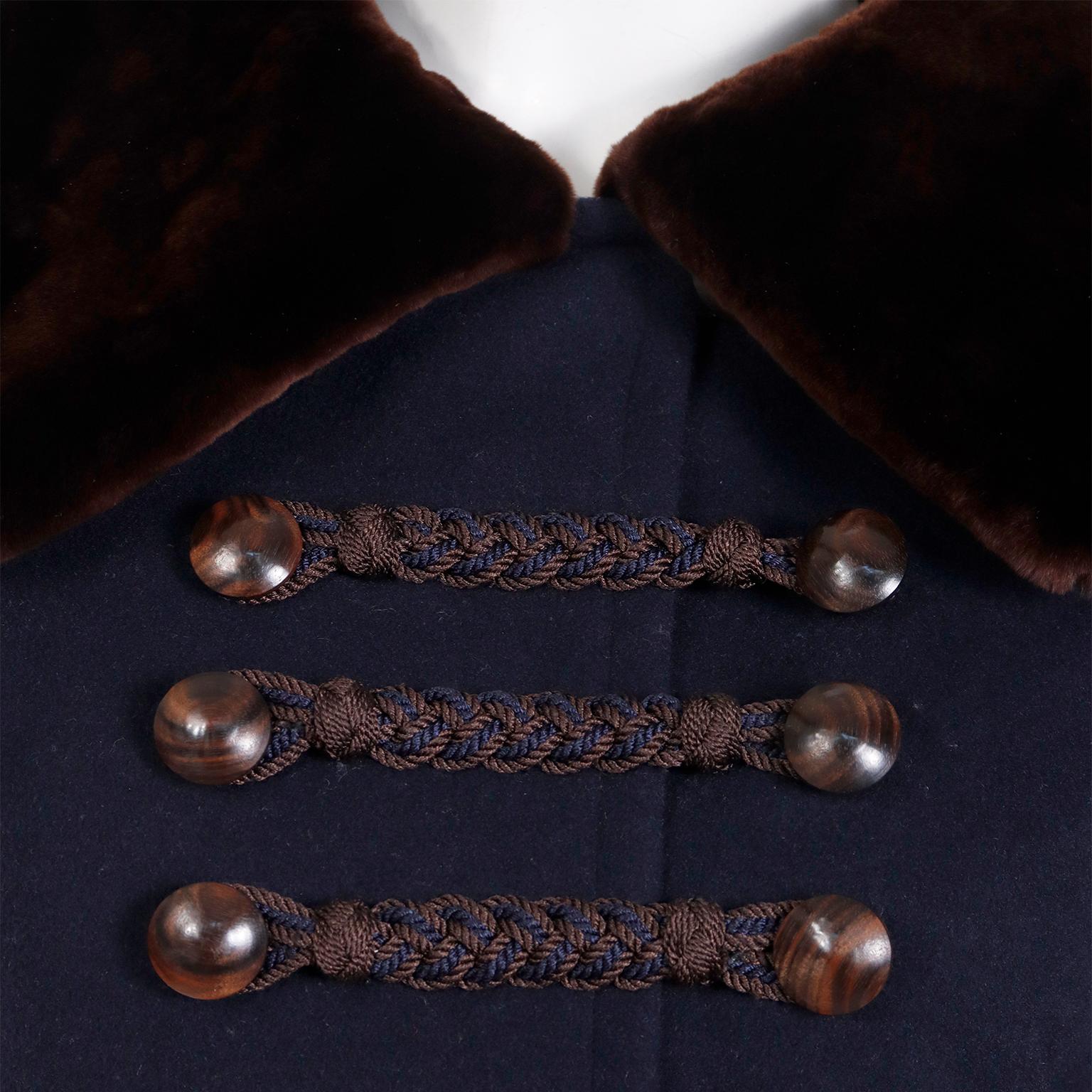 Yves Saint Laurent Haute Couture 1976 Navy Blue Wool Coat w Sheared Mink Trim For Sale 3