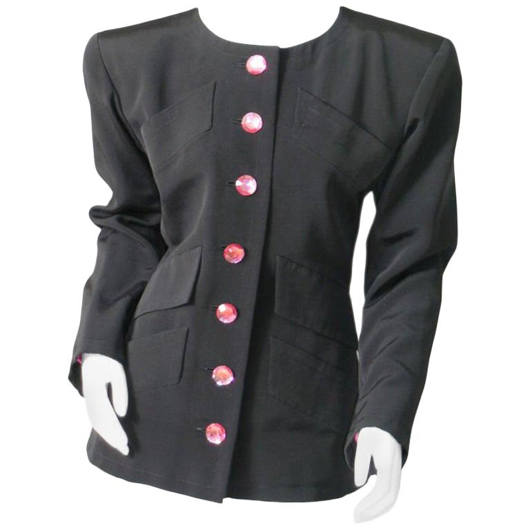 Yves Saint Laurent Haute Couture Black Silk Faille Jacket Pink Jewelled Buttons