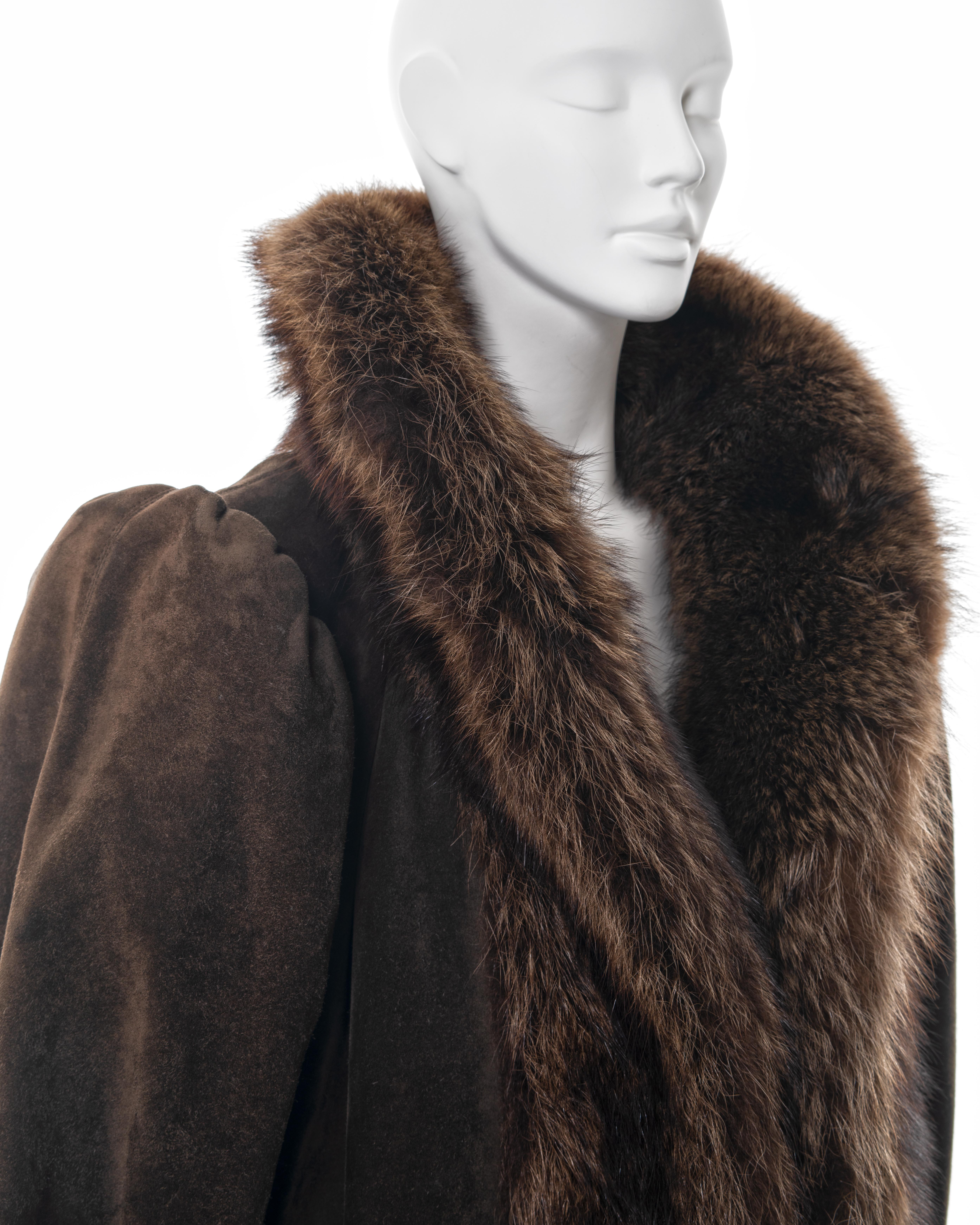 Women's Yves Saint Laurent Haute Couture brown suede and fur cocoon coat, fw 1983 For Sale