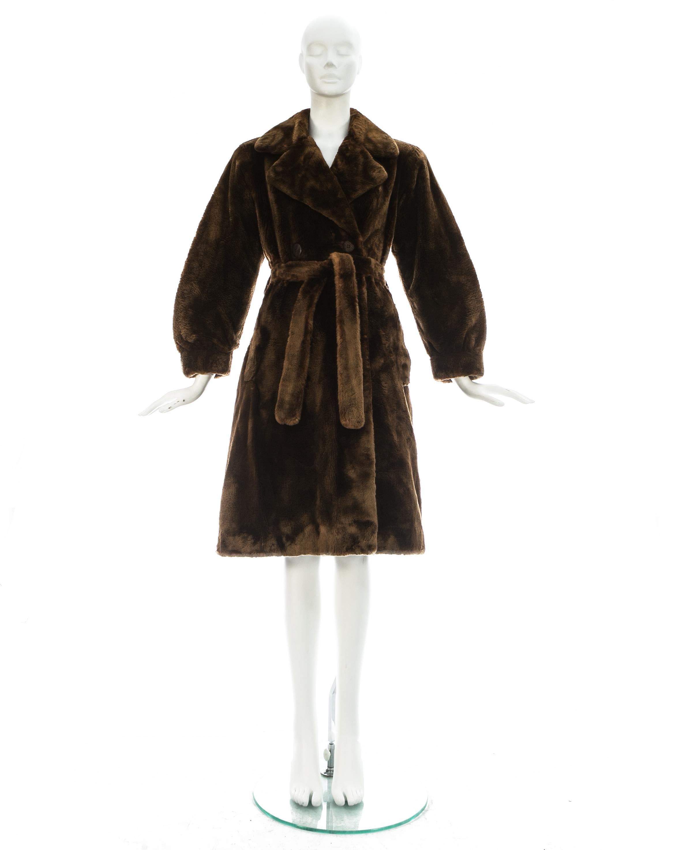 Black Yves Saint Laurent Haute Couture chestnut sheared beaver fur coat, fw 1985