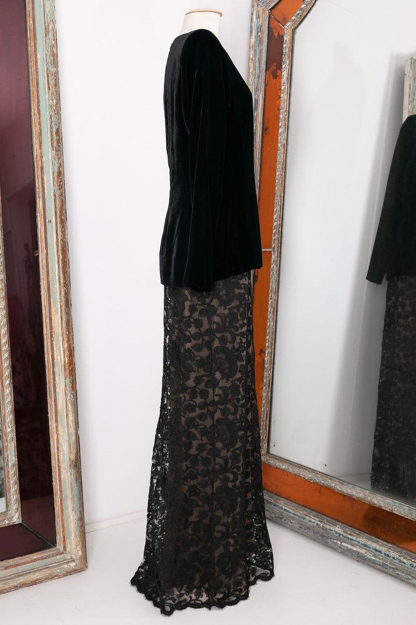 Black Yves Saint Laurent Haute Couture Top and Skirt Set in Velvet and Lace For Sale