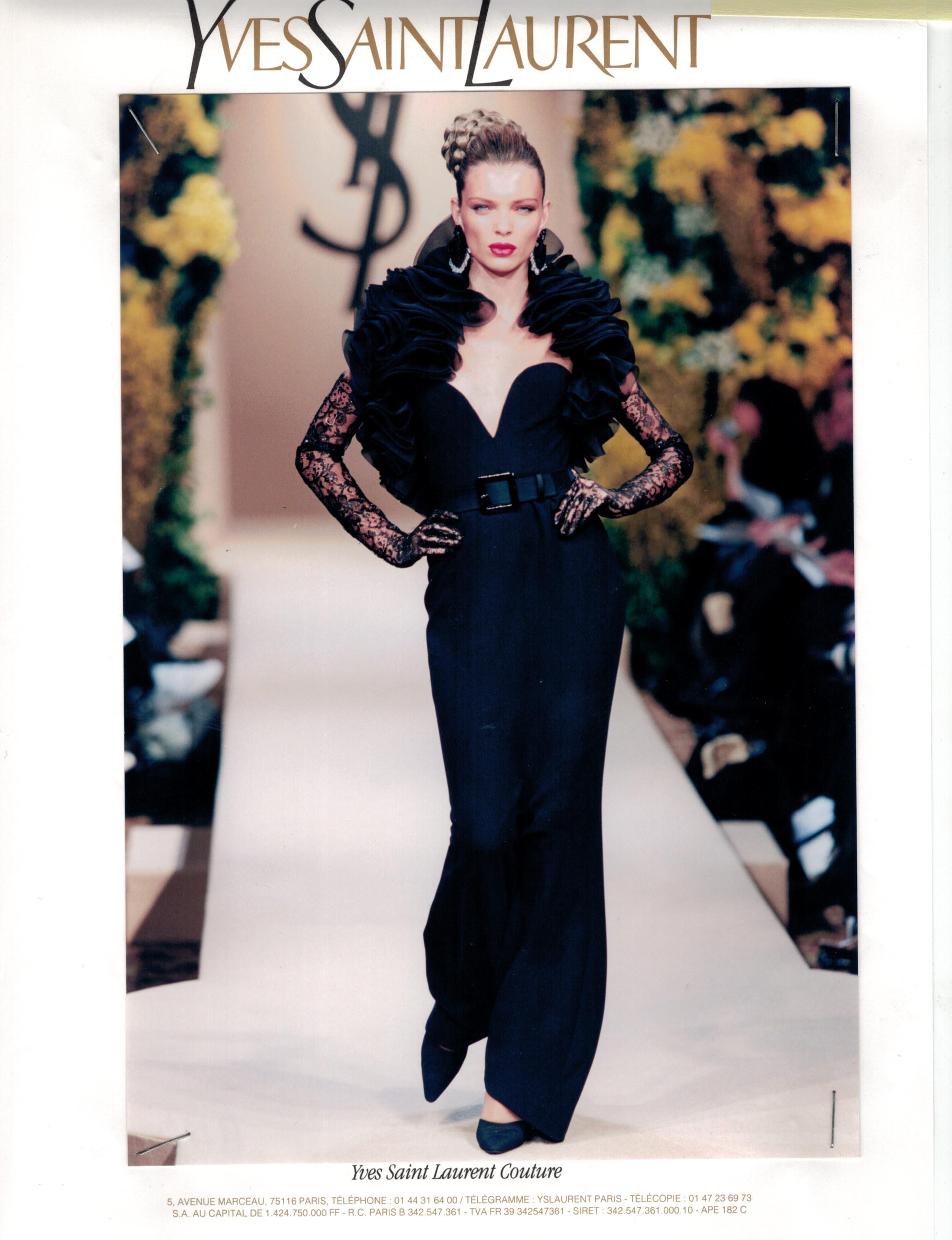 Yves Saint Laurent Haute Couture Vintage 1990’s Black Ruffle Evening Gown.  Strapless black crepe fitted gown with invisible side zipper, fully corseted and boned interior bodice, flared skirt Excellent condition - worn once.  Fully lined in silk