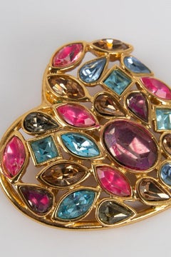Yves Saint Laurent „Heart“ Brosche in Gold mit mehrfarbigen Strasssteinen