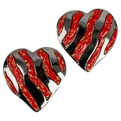 Yves Saint Laurent Heart Earrings in Silver & Gold, Red Enamelled