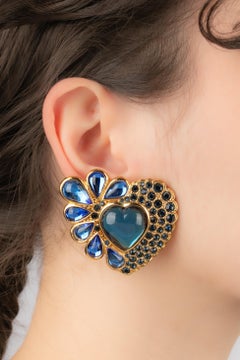 Yves Saint Laurent Heart Earrings with Blue Rhinestones