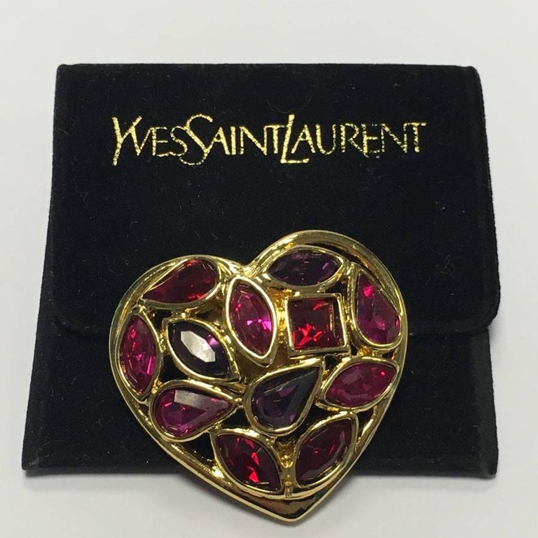 YVES SAINT LAURENT Heart Pin in Gilded Metal and Small Colored Resins ...