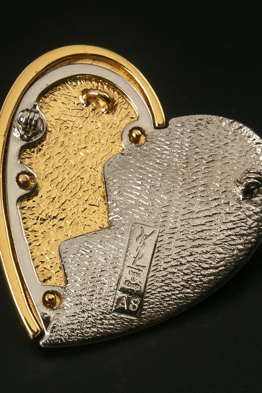 Yves Saint Laurent Heart Shaped Brooch/Pendant in Gold and Silver Metal Paved For Sale 1
