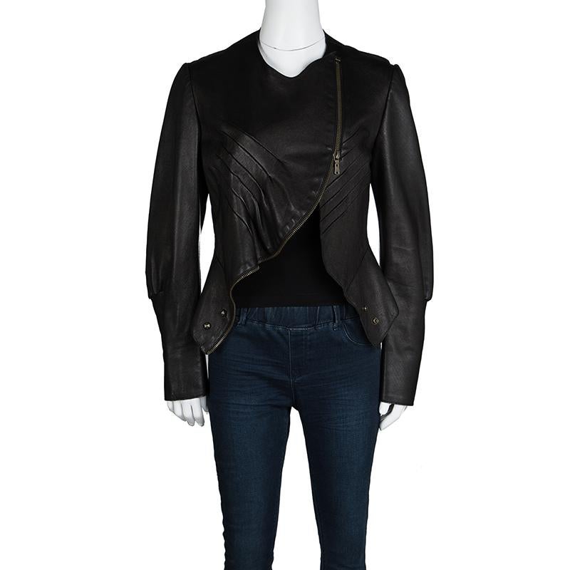 Black Yves Saint Laurent Hiver'08 Dark Brown Leather Asymmetric Zip Front Jacket M