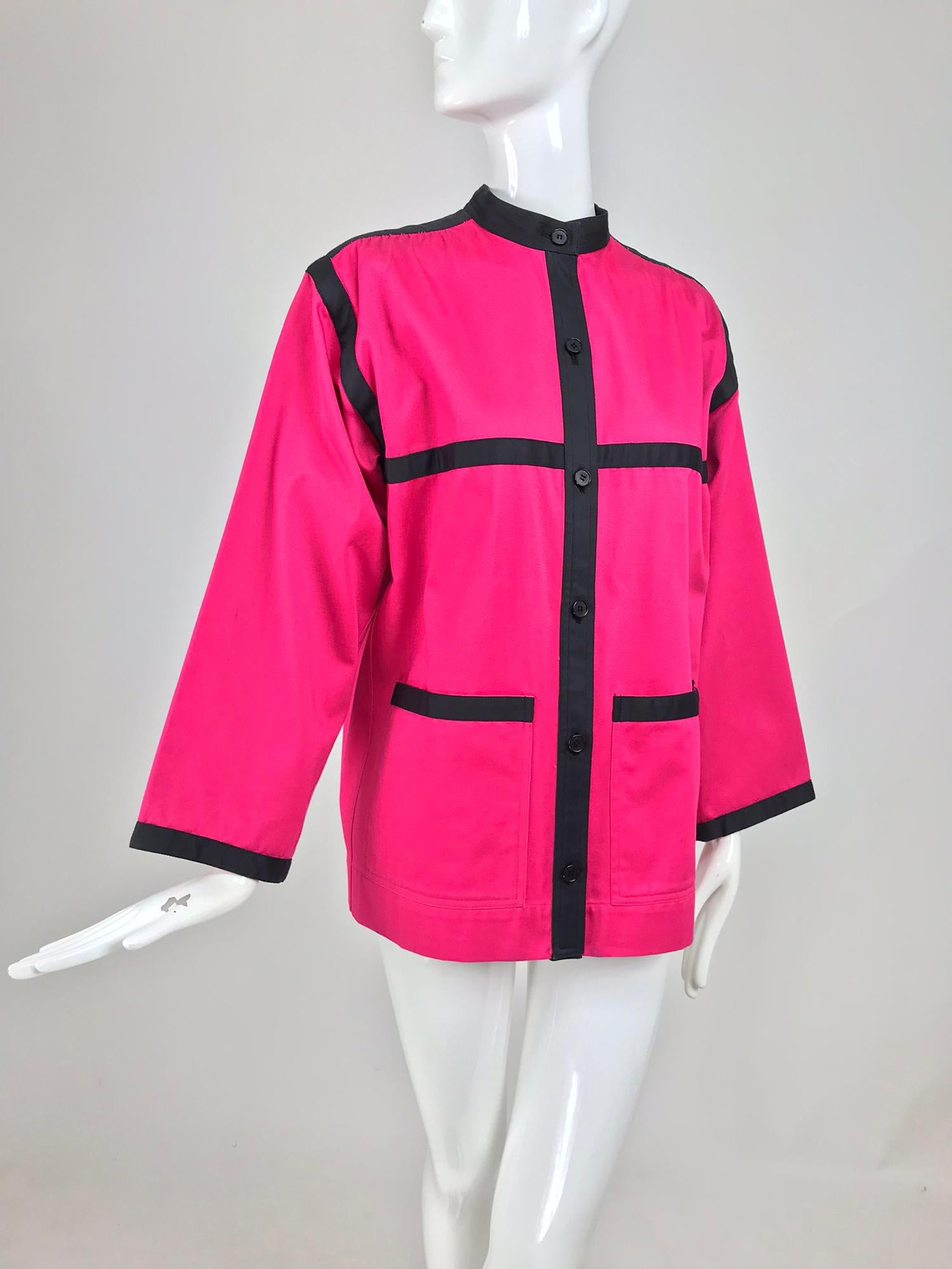 Yves Saint Laurent hot pink Mondrian style colour block jacket in cotton from the 1970s. Bold and graphic this jacket makes a statement. Clearly designed with reference to the original Saint Laurent Haute Couture Collection which was an ode to Piet