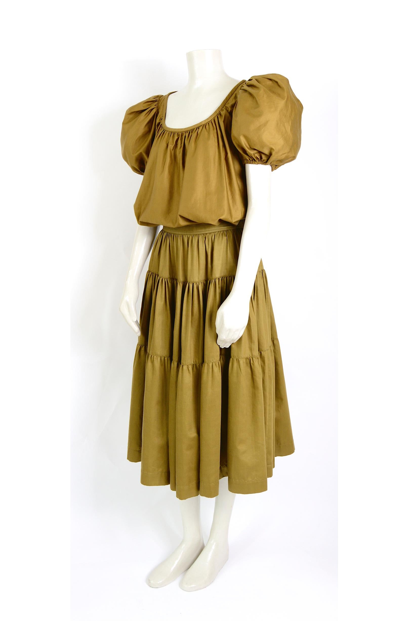 Brown Yves Saint Laurent iconic 1970s vintage khaki cotton peasant top and skirt set