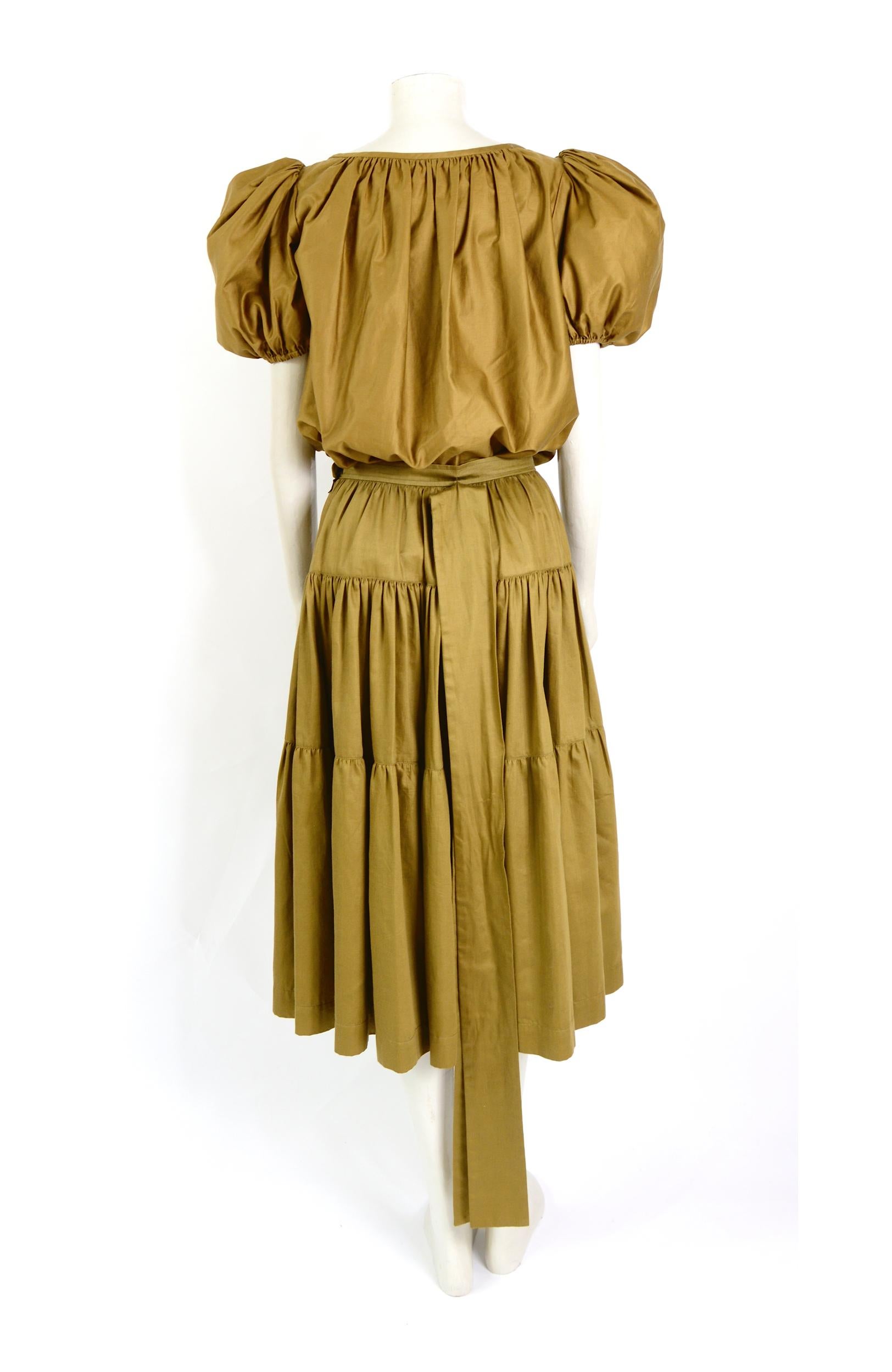 Women's Yves Saint Laurent iconic 1970s vintage khaki cotton peasant top and skirt set