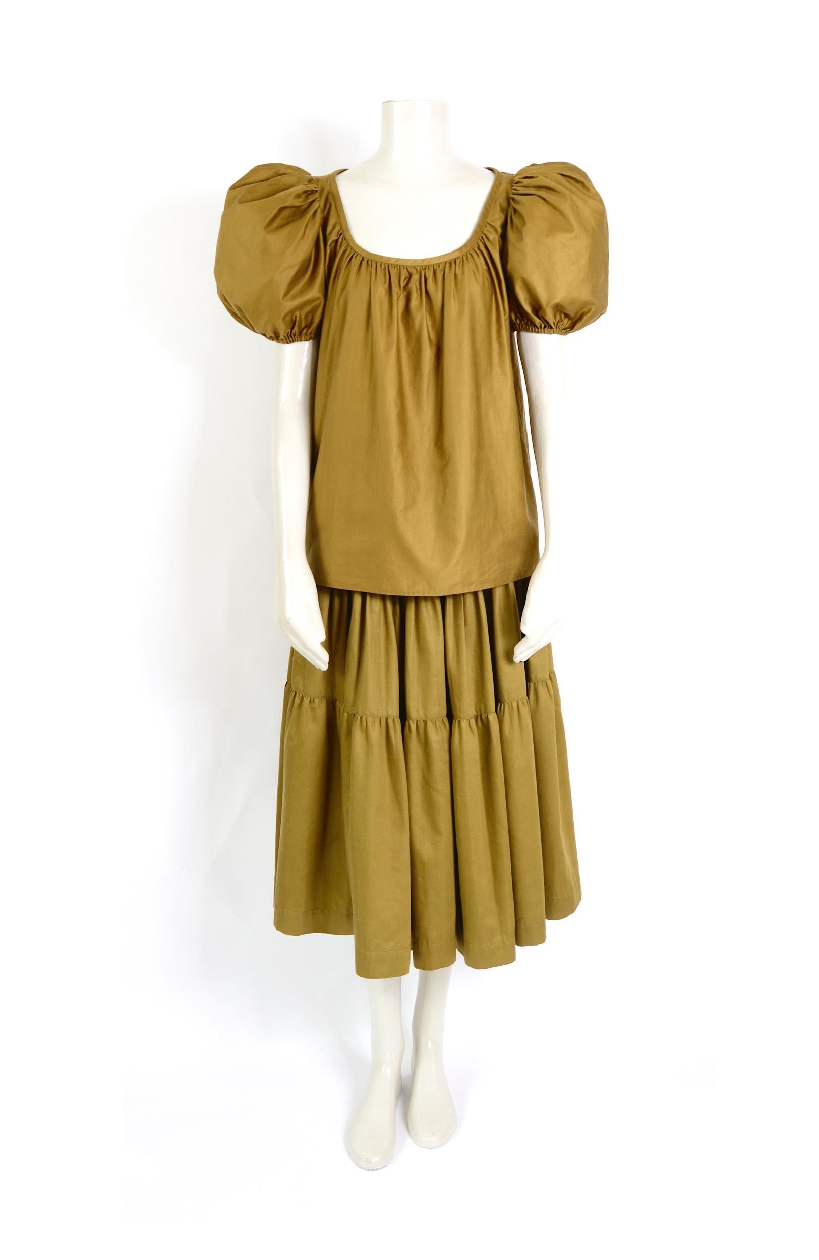 Yves Saint Laurent iconic 1970s vintage khaki cotton peasant top and skirt set 1