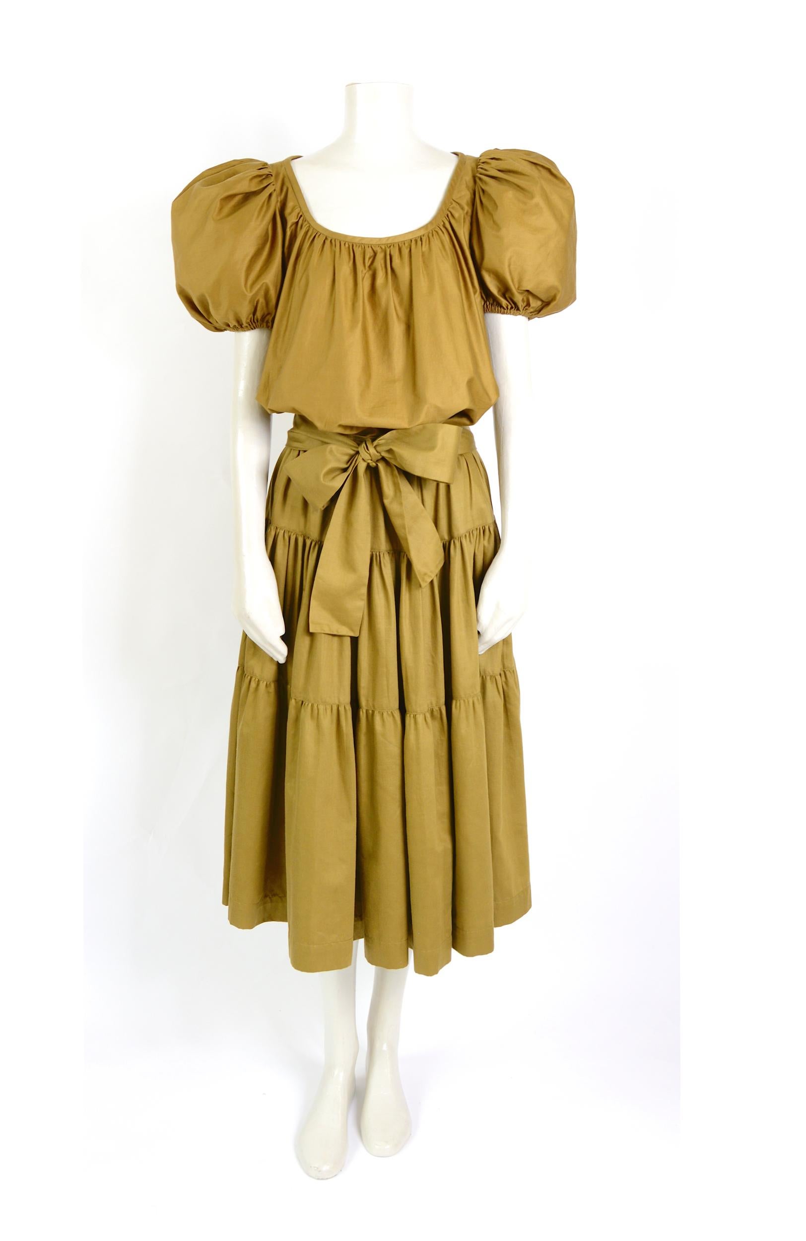 Yves Saint Laurent iconic 1970s vintage khaki cotton peasant top and skirt set 2
