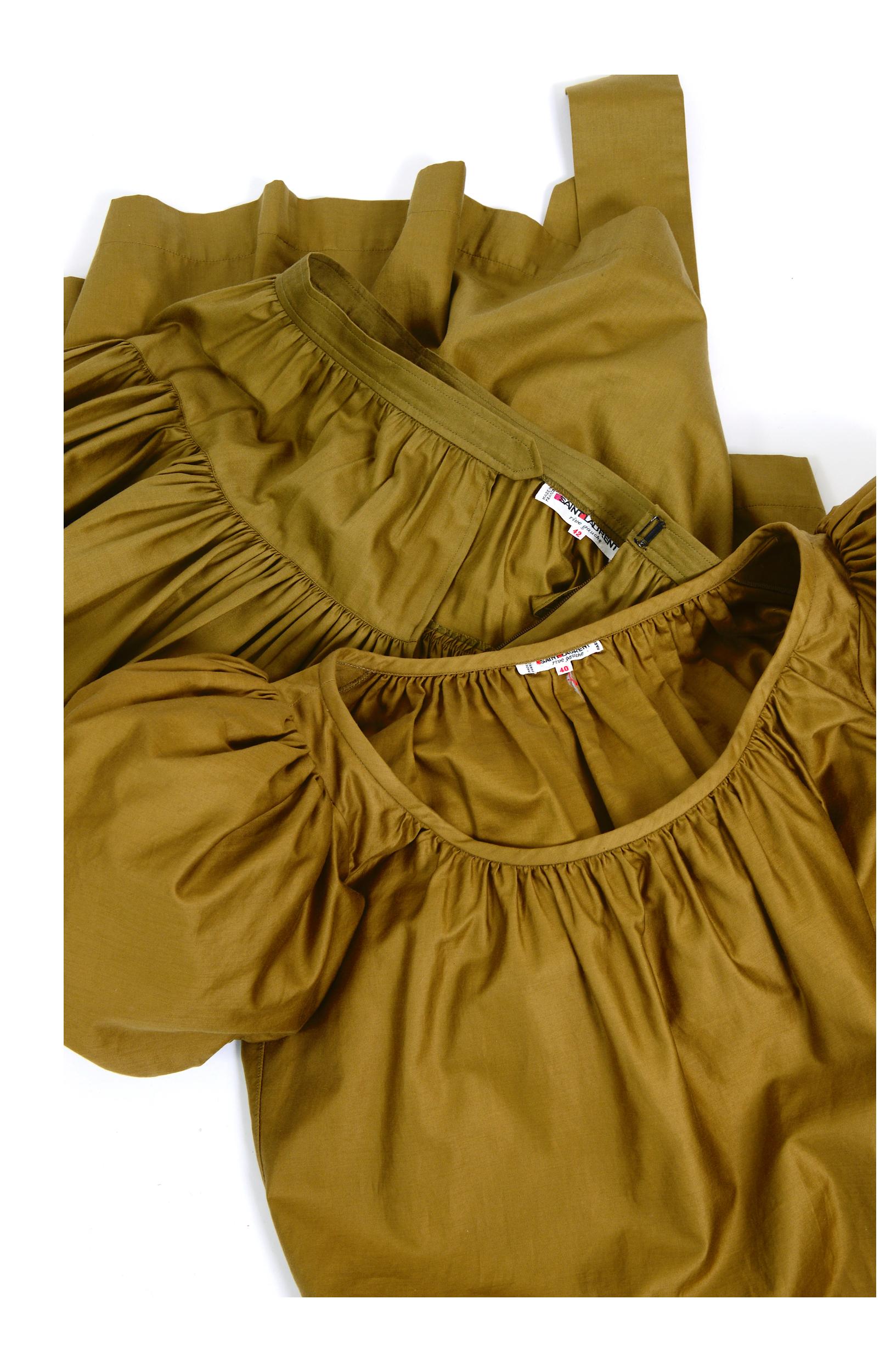 Yves Saint Laurent iconic 1970s vintage khaki cotton peasant top and skirt set 3