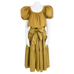 Yves Saint Laurent iconic 1970s vintage khaki cotton peasant top and skirt set