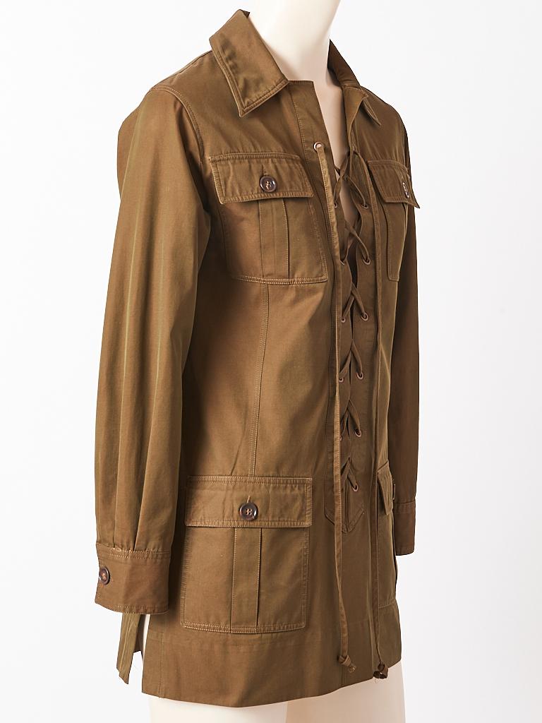Yves Saint Laurent, Rive Gauche, iconic, olive green, cotton twill, safari ( saharienne) tunic C. 1968.
Designer : 

