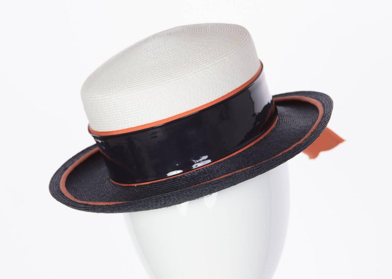 1960s Yves Saint Laurent Ivory and Navy Derby Hat Patent Leather - Main Image