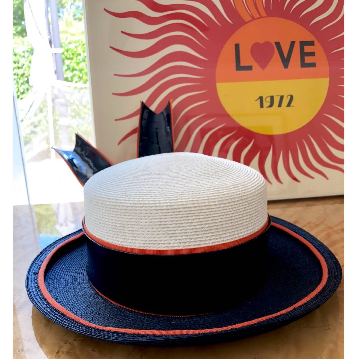 1960s Yves Saint Laurent Ivory and Navy Derby Hat Patent Leather Orange Hatband In Excellent Condition For Sale In Boca Raton, FL