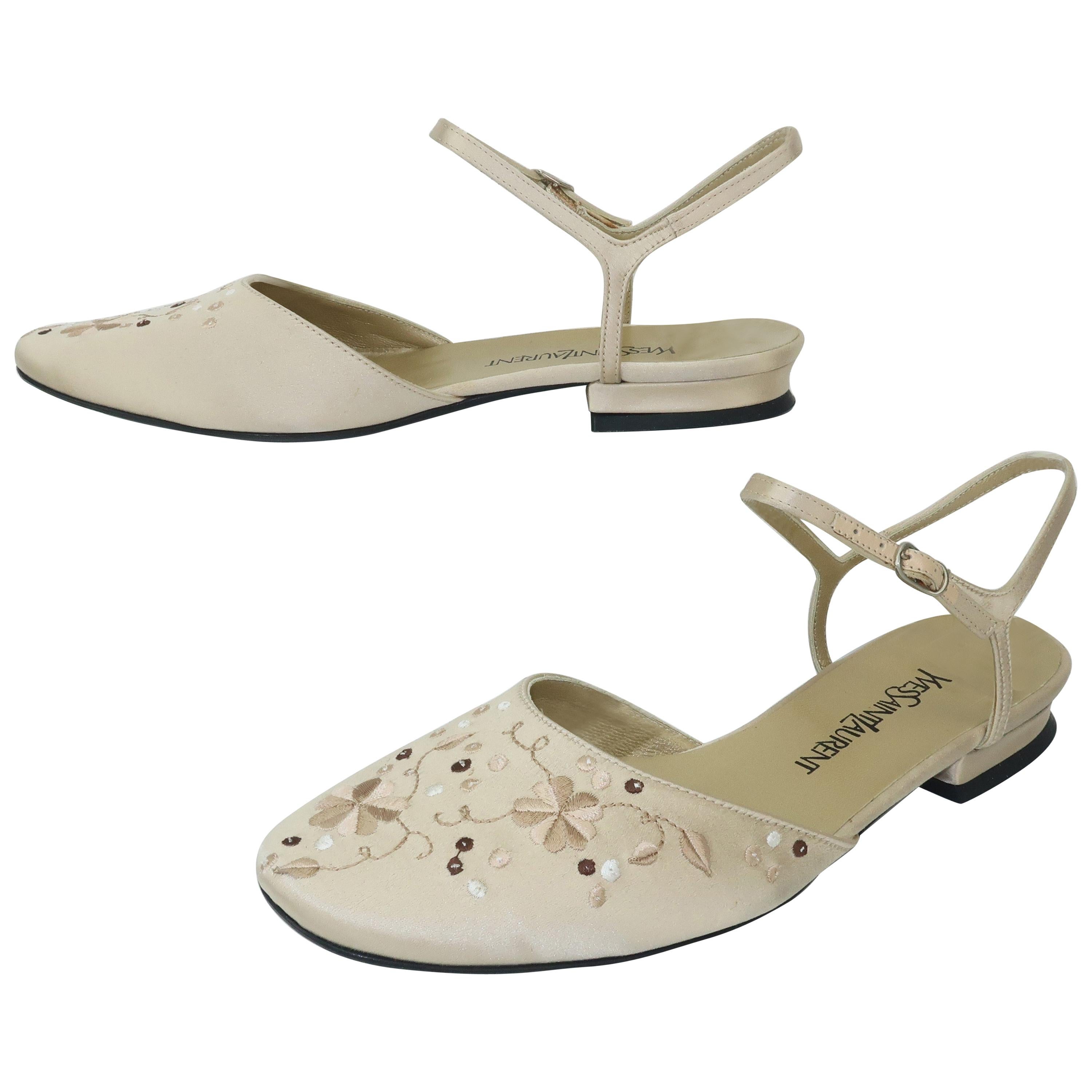 Yves Saint Laurent Ivory Satin Embroidered Shoes Sz 6