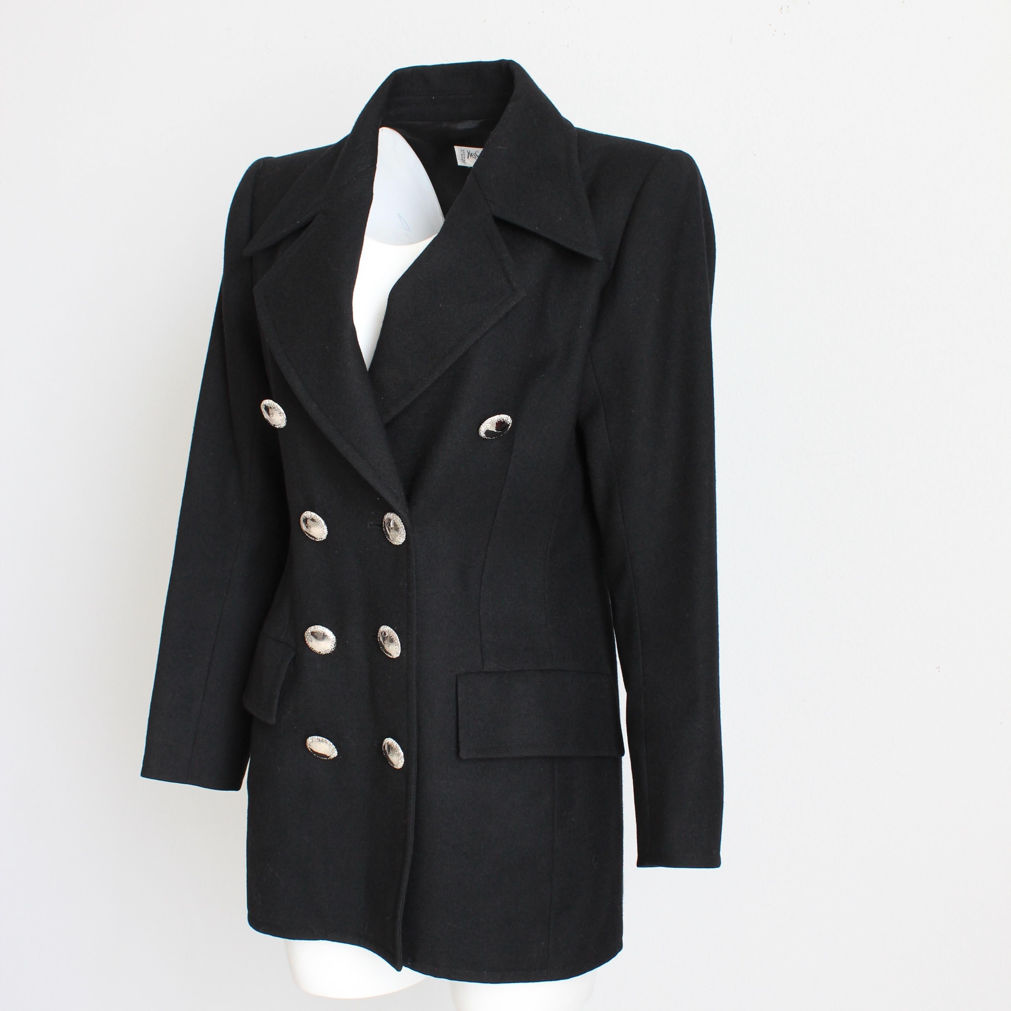 Yves Saint Laurent Jacket Black Wool Double Breasted Pea Coat Style Vintage 90s For Sale 6
