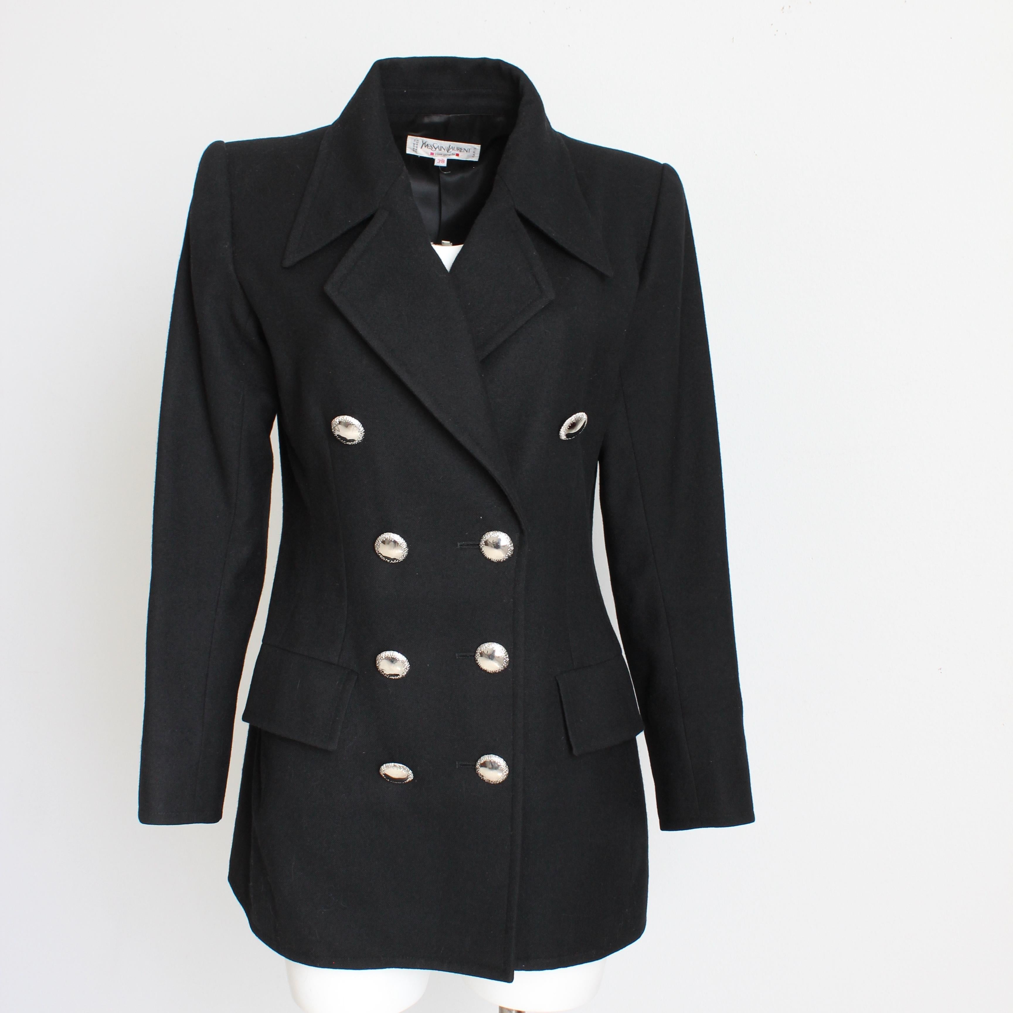 Yves Saint Laurent Jacket Black Wool Double Breasted Pea Coat Style Vintage 90s For Sale 7