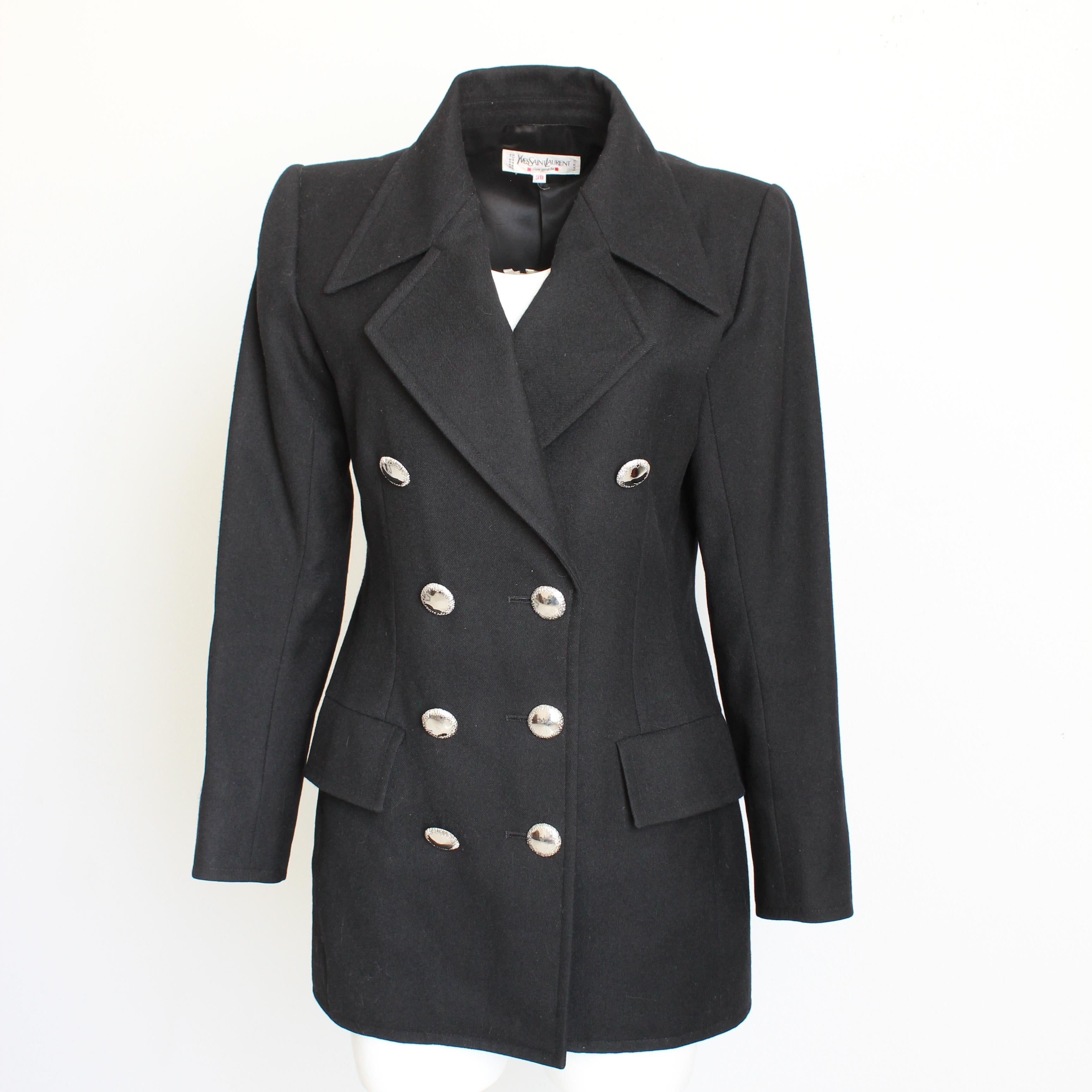 Yves Saint Laurent Jacket Black Wool Double Breasted Pea Coat Style Vintage 90s For Sale 1