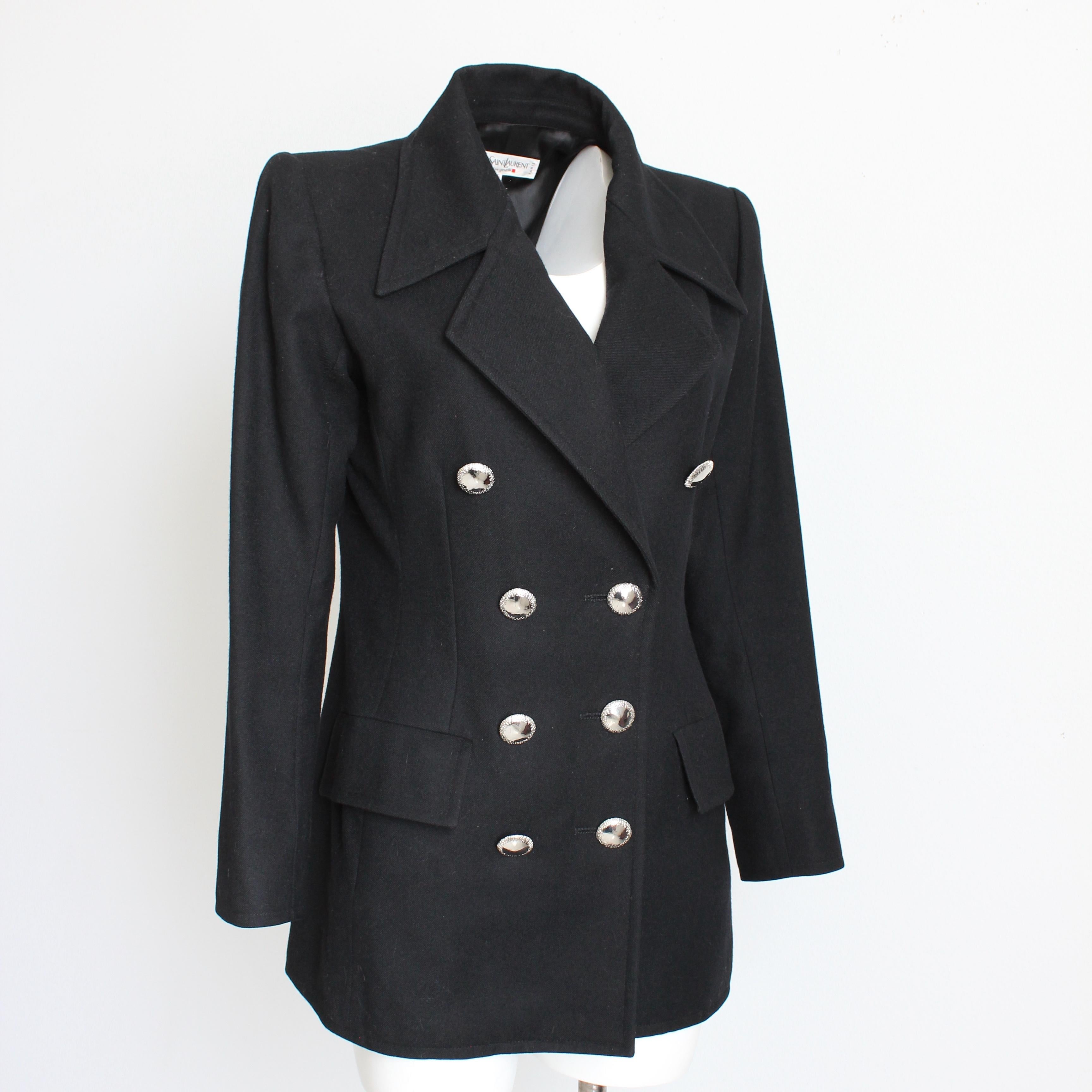 Yves Saint Laurent Jacket Black Wool Double Breasted Pea Coat Style Vintage 90s In Good Condition For Sale In Port Saint Lucie, FL
