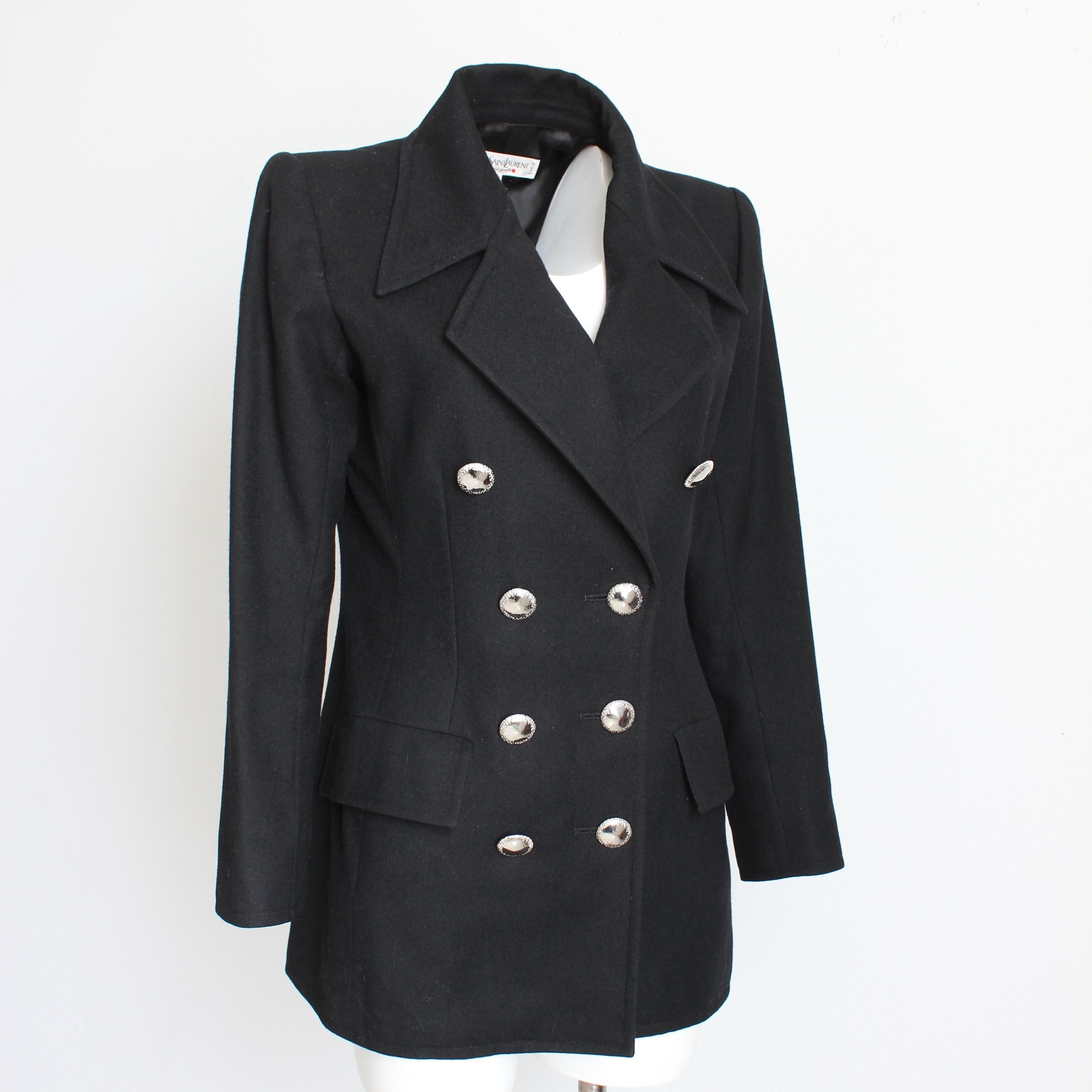 Yves Saint Laurent Jacket Black Wool Double Breasted Pea Coat Style Vintage 90s For Sale 2