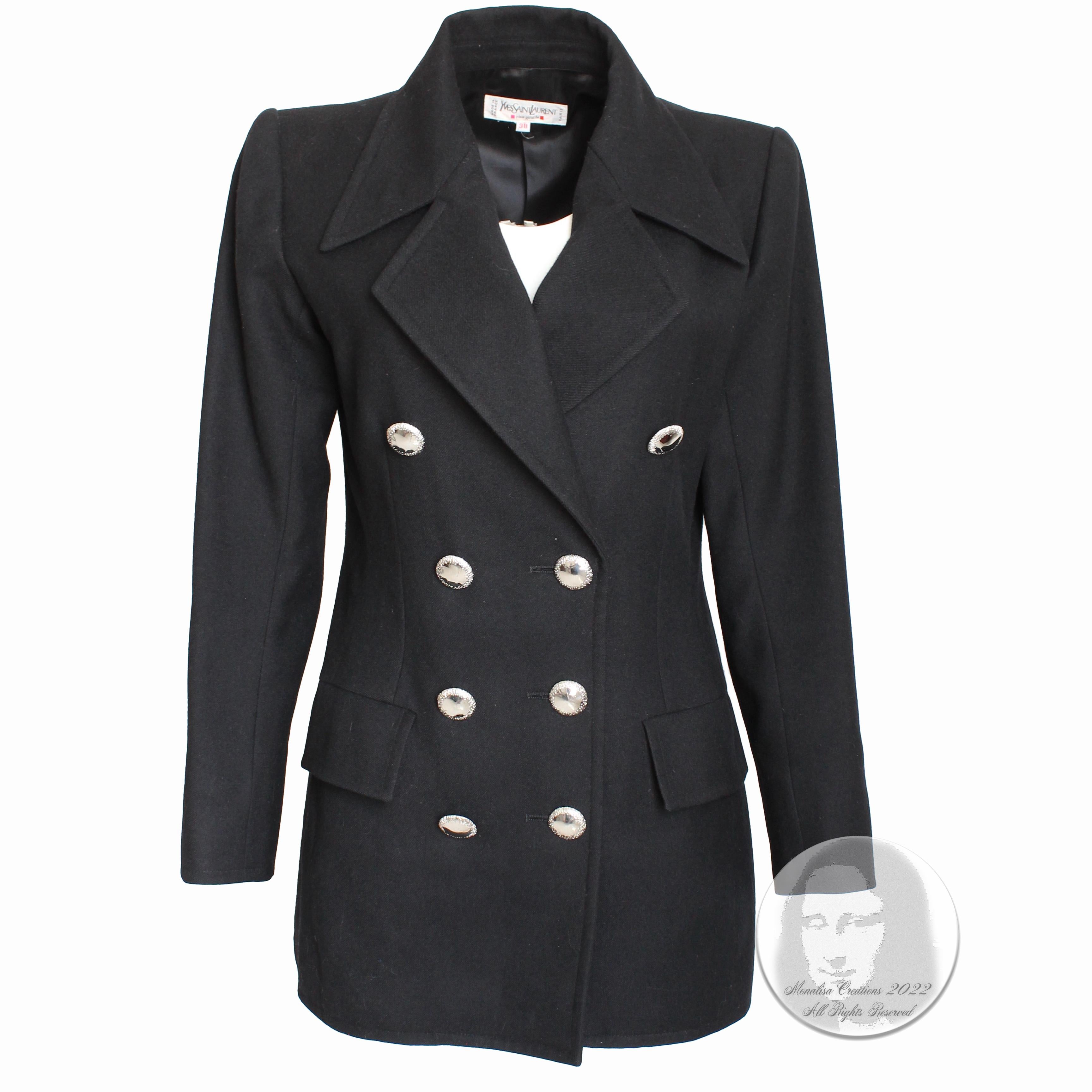 Yves Saint Laurent Jacket Black Wool Double Breasted Pea Coat