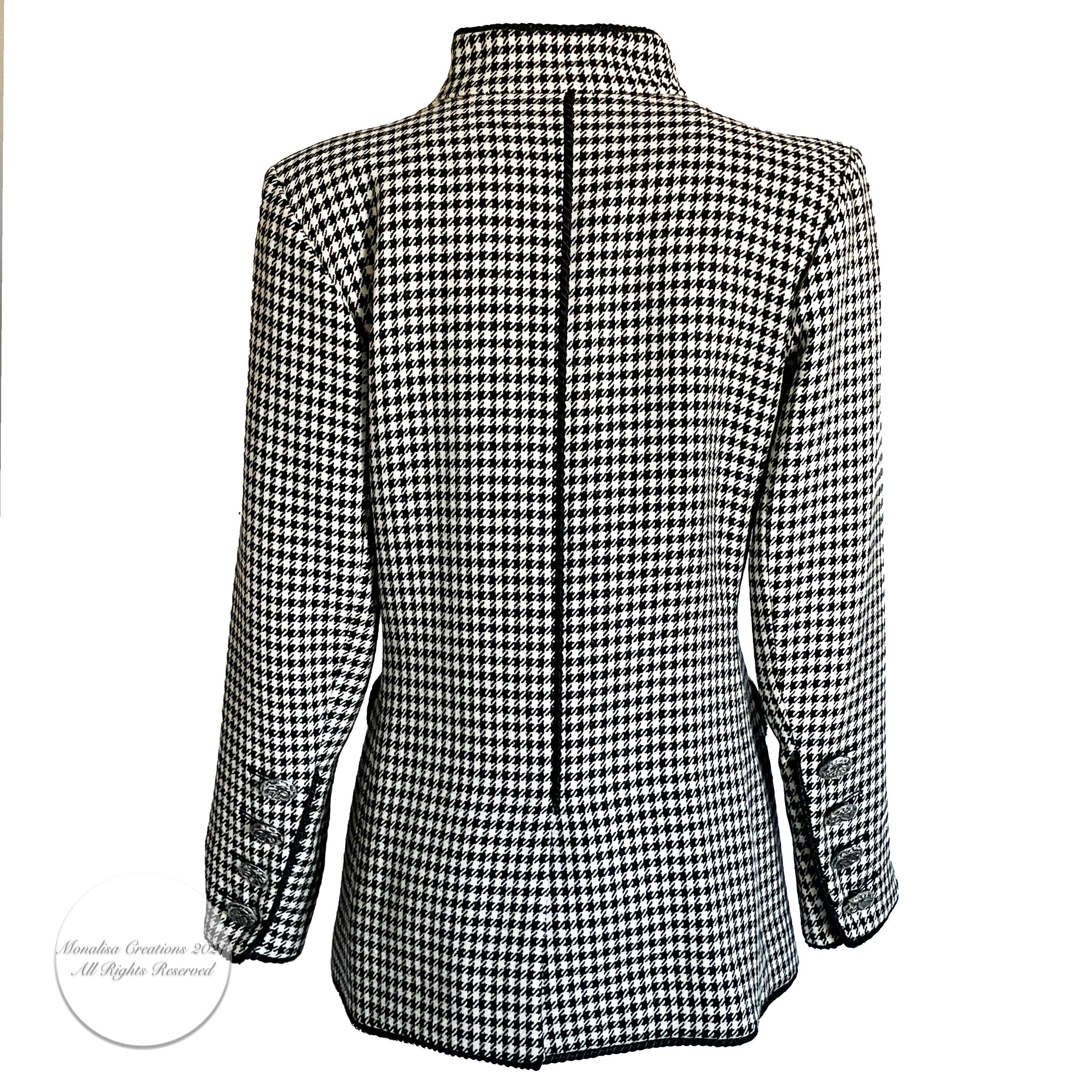 Yves Saint Laurent Jacket Houndstooth Wool Black Rope Trim Floral Buttons Sz 40 6