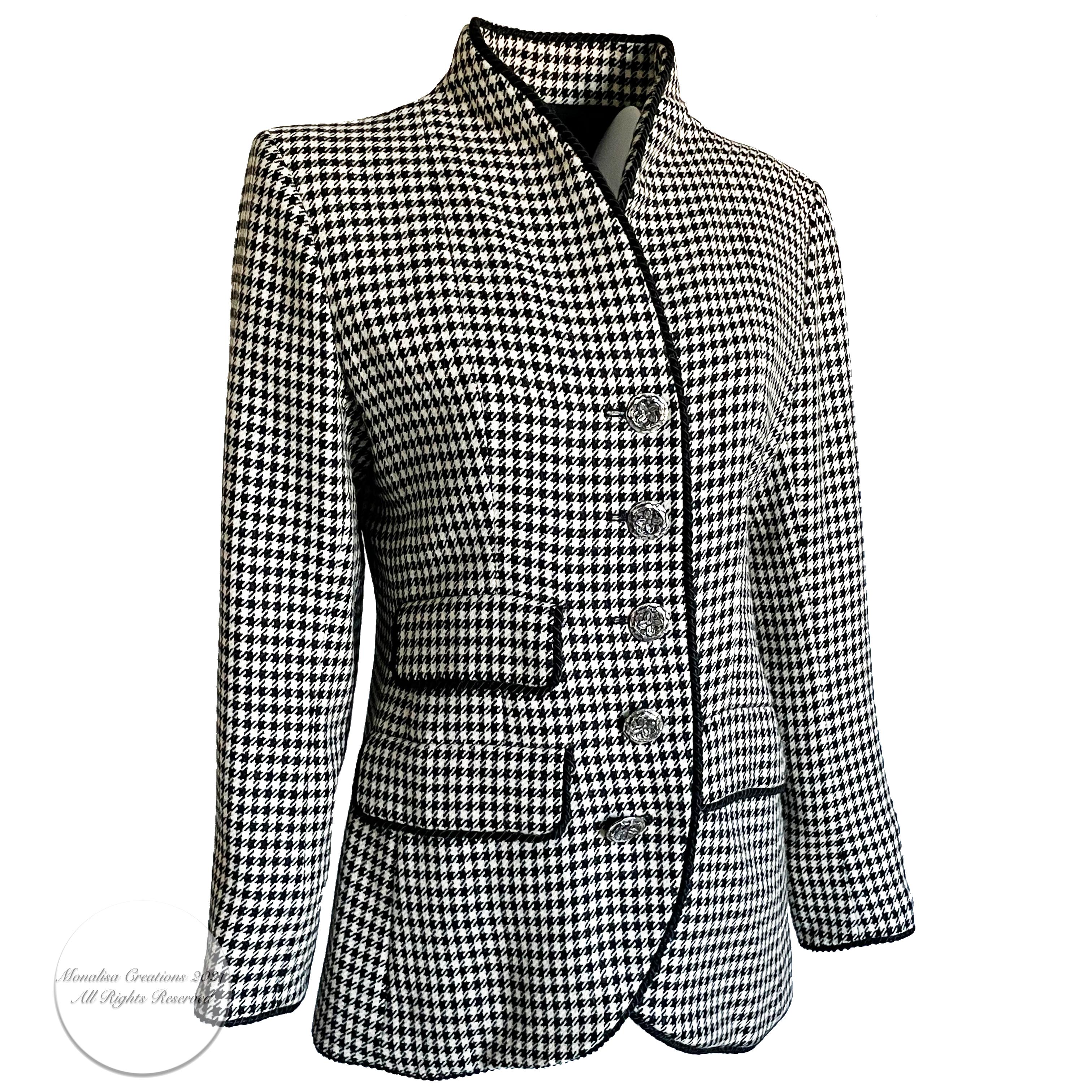   Authentic, preowned, vintage Yves Saint Laurent Rive Gauche jacket, circa the 90s. Fabulous jacket with great attention to details! Made of black & white houndstooth wool blend fabric with black satin twisted rope trim, including back detail, and