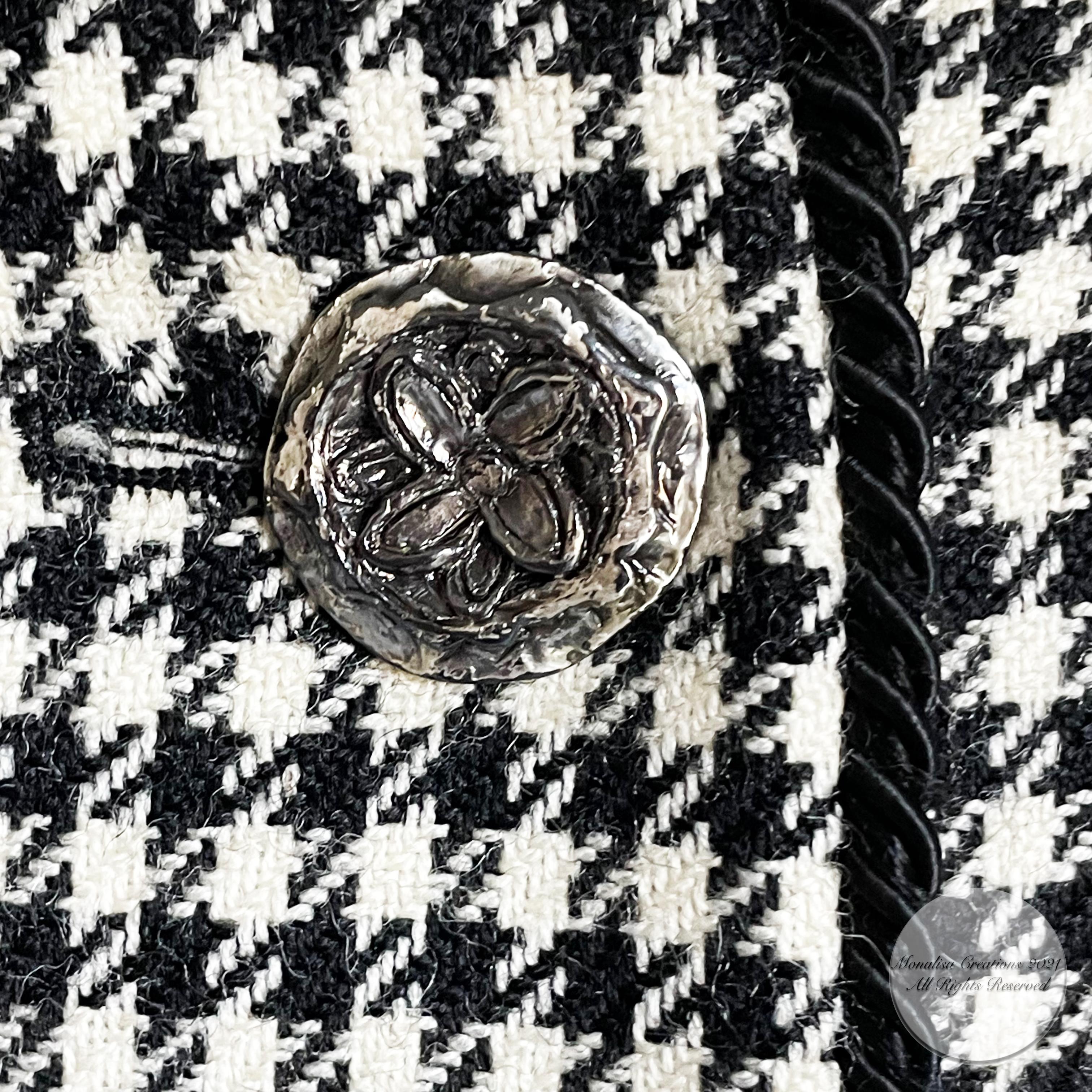 Yves Saint Laurent Jacket Houndstooth Wool Black Rope Trim Floral Buttons Sz 40 In Good Condition In Port Saint Lucie, FL