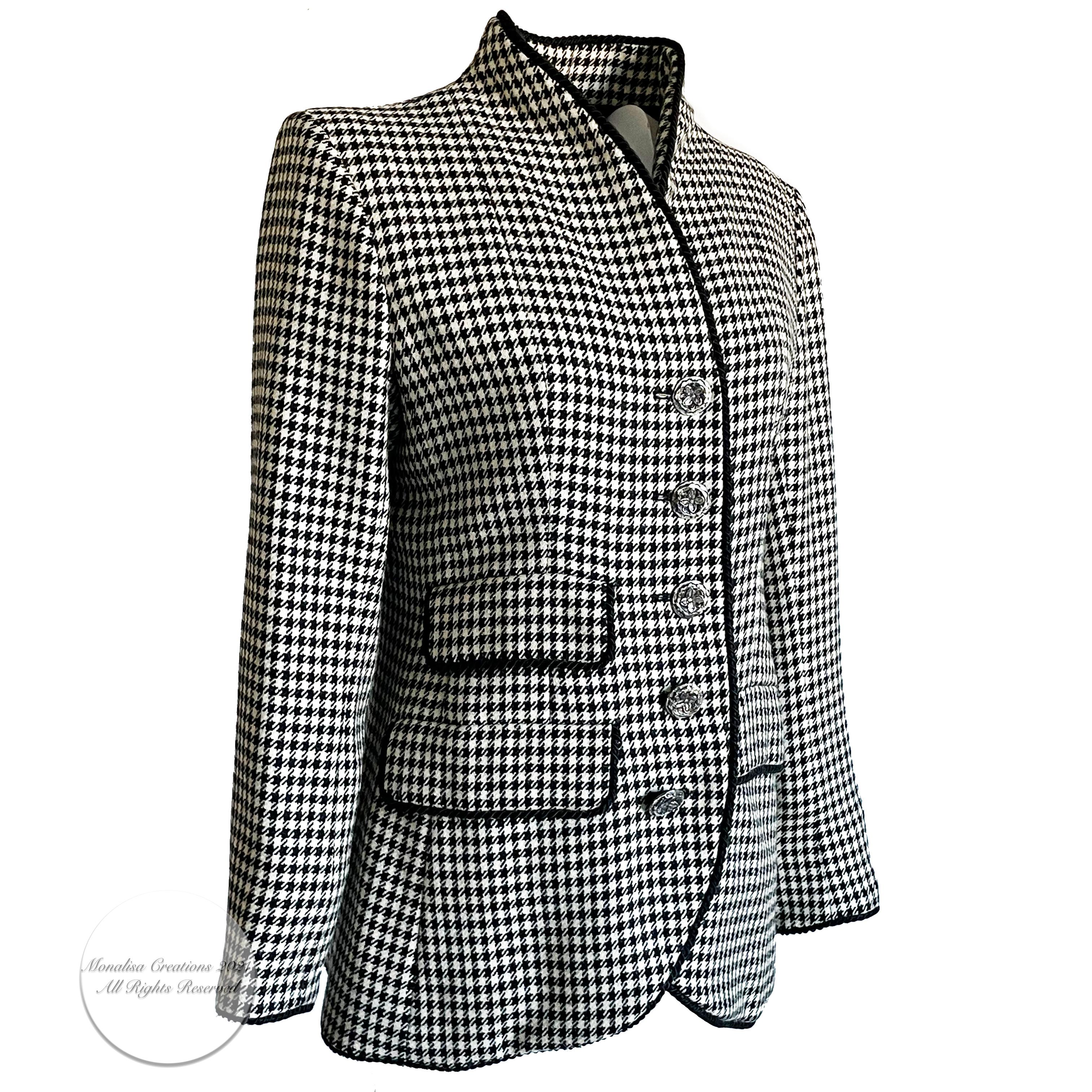 Women's Yves Saint Laurent Jacket Houndstooth Wool Black Rope Trim Floral Buttons Sz 40