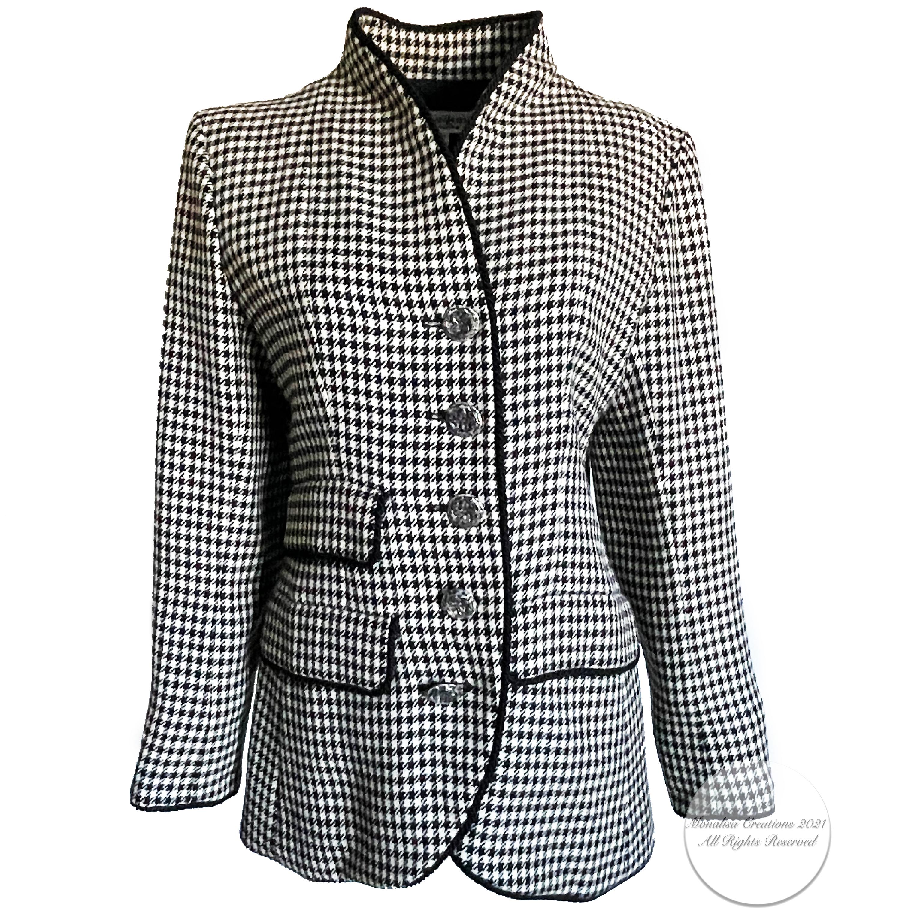 Yves Saint Laurent Jacket Houndstooth Wool Black Rope Trim Floral Buttons Sz 40 2
