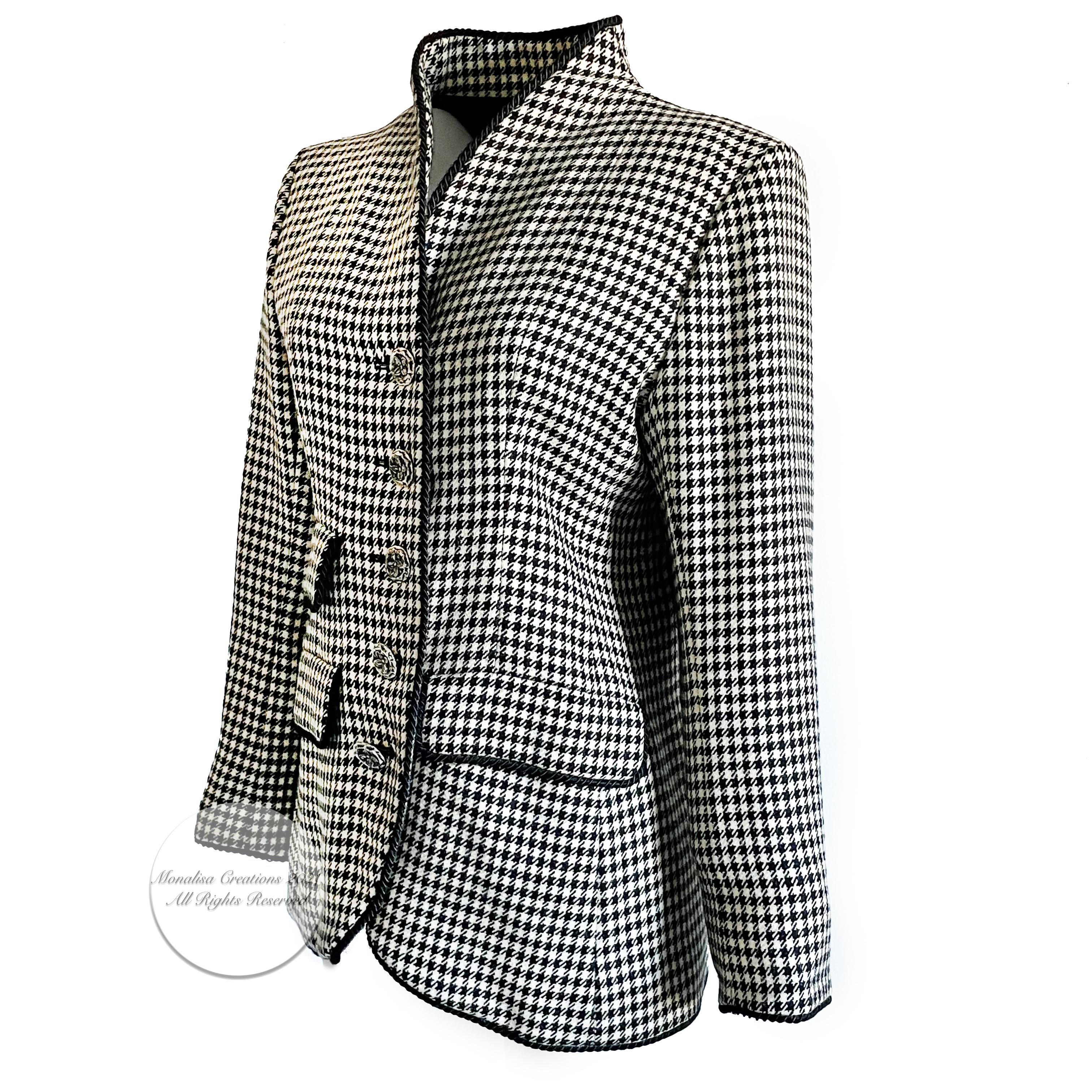 Yves Saint Laurent Jacket Houndstooth Wool Black Rope Trim Floral Buttons Sz 40 3