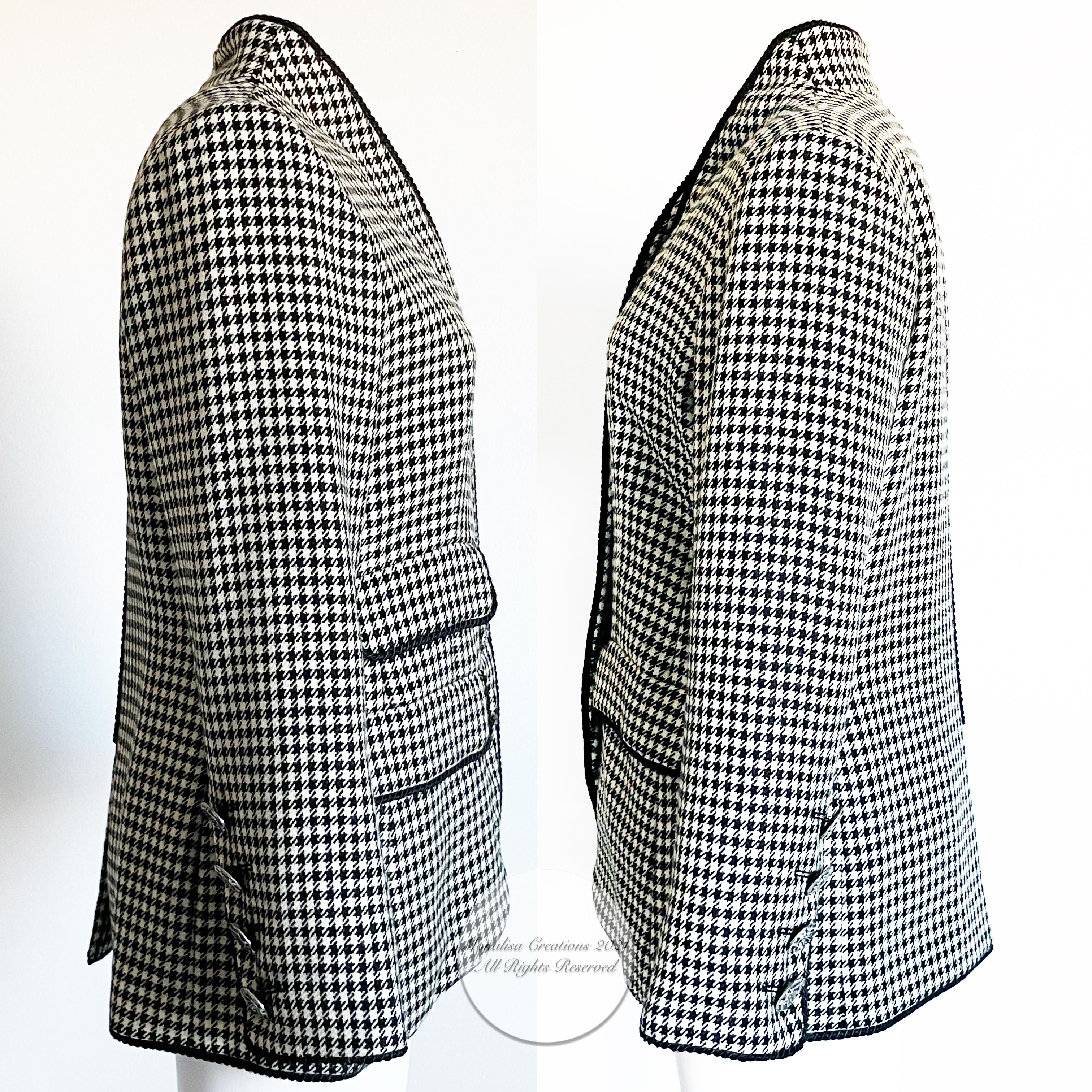 Yves Saint Laurent Jacket Houndstooth Wool Black Rope Trim Floral Buttons Sz 40 5