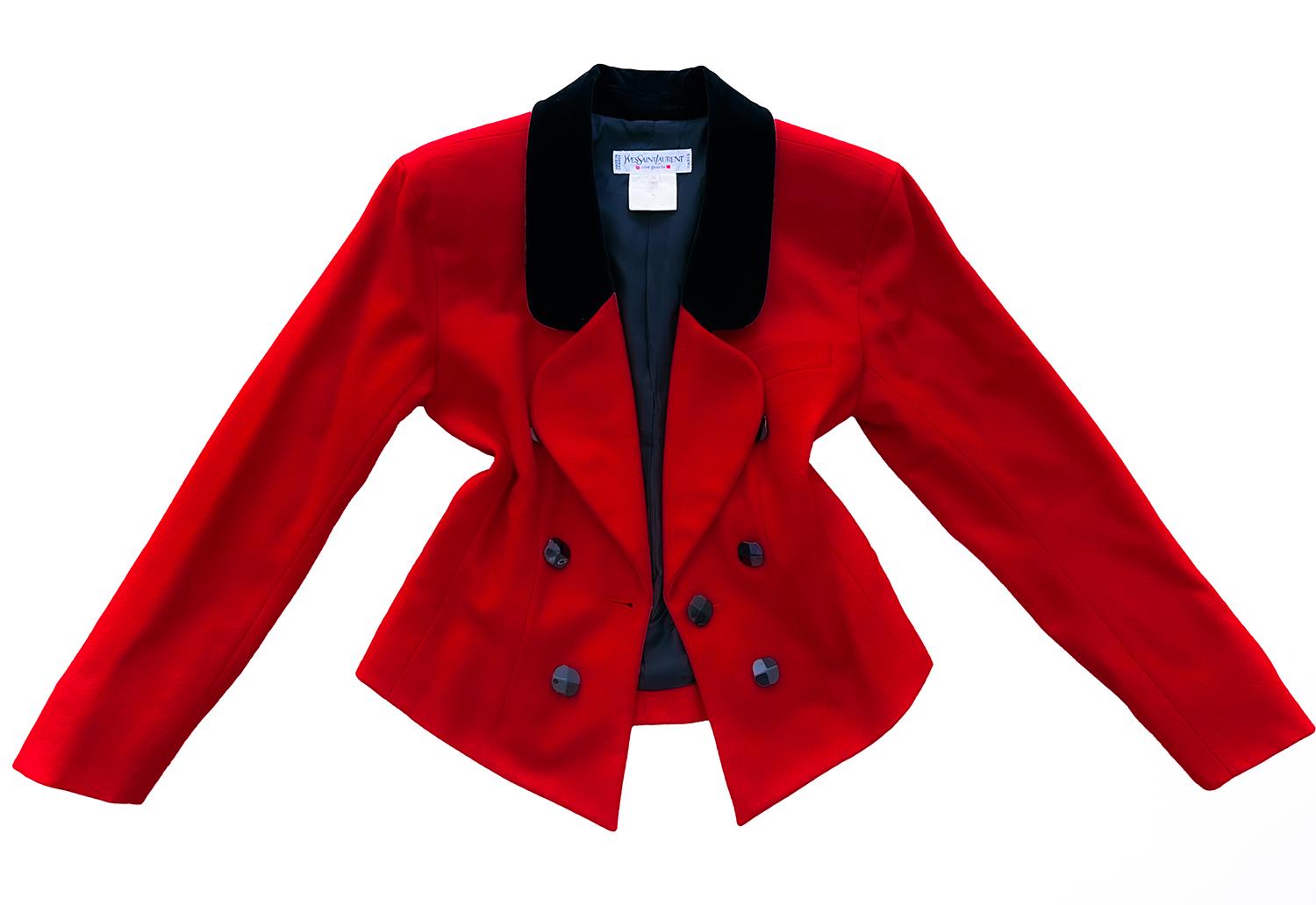 Women's Yves Saint Laurent Jacket Red Black Velvet Collar YSL Rive Gauche Wool