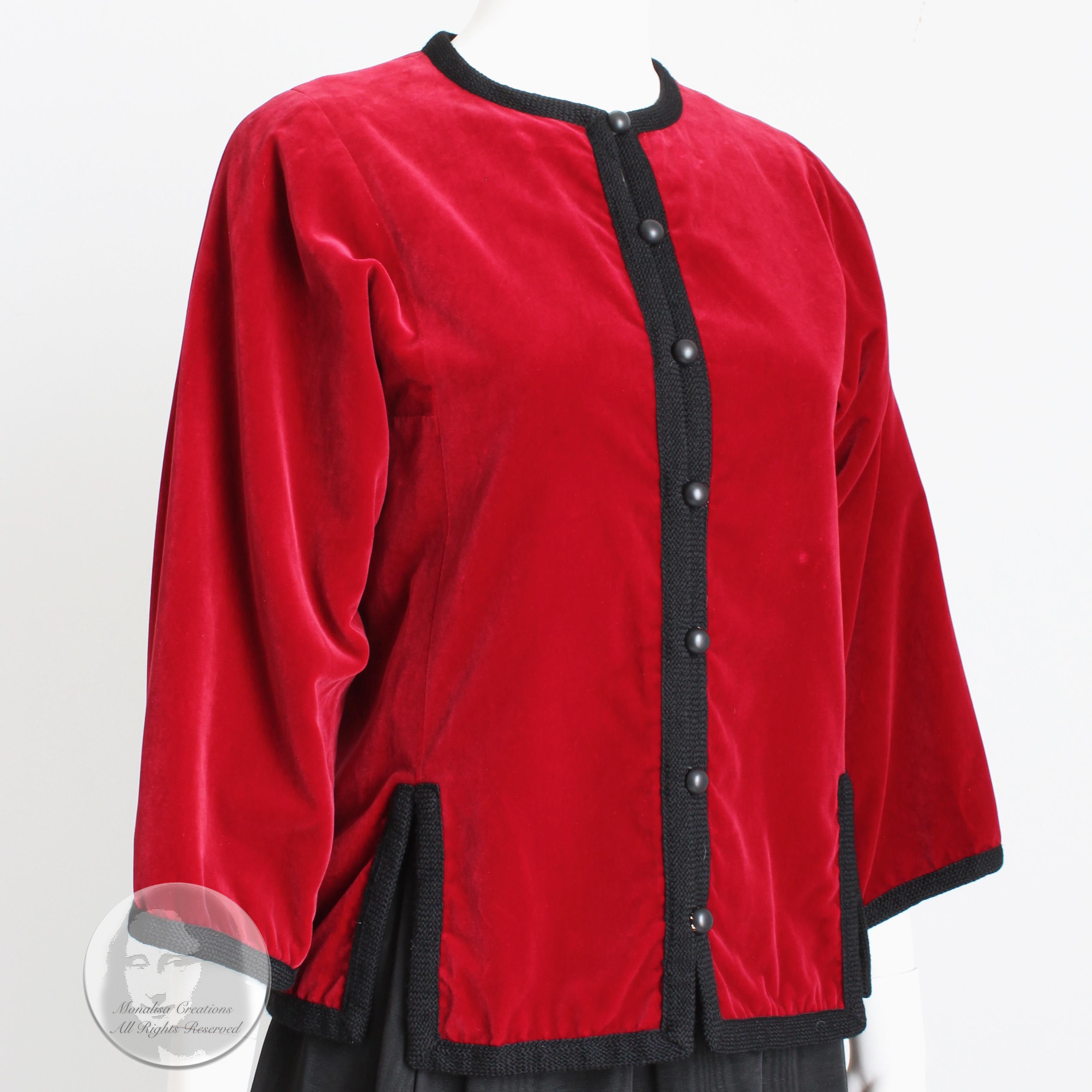 Women's Yves Saint Laurent Jacket Red Velvet Black Trim Ballet Russes Vintage 70s Sz 38 For Sale