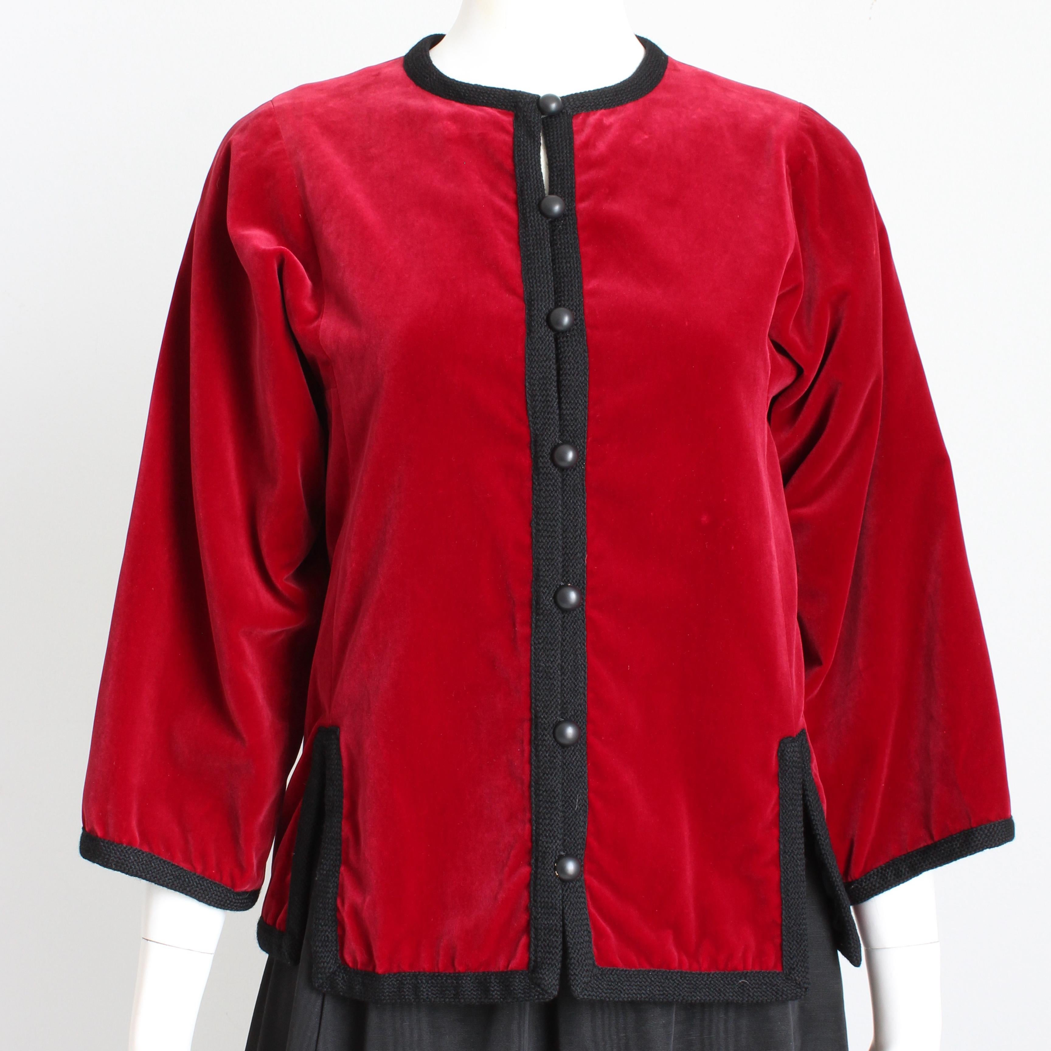 Women's Yves Saint Laurent Jacket Red Velvet Black Trim Ballet Russes Vintage 70s Sz 38 For Sale