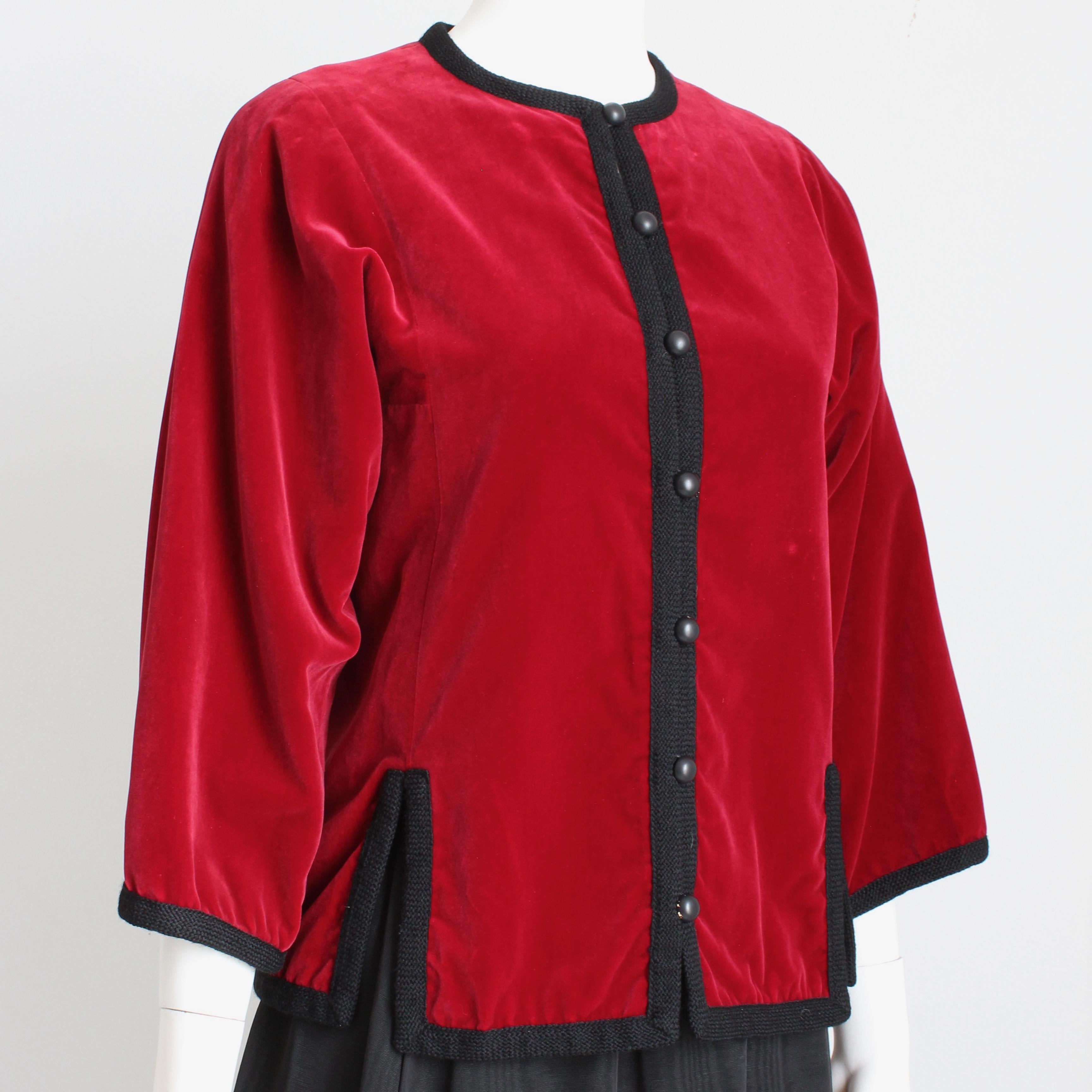 Authentic, preowned, vintage Yves Saint Laurent Rive Gauche jacket, likely made for the Ballet Russes aka Russian collection in the late 70s. Made from red velvet, it's trimmed in black braid and fastens with button/loop closures. Fully-lined in